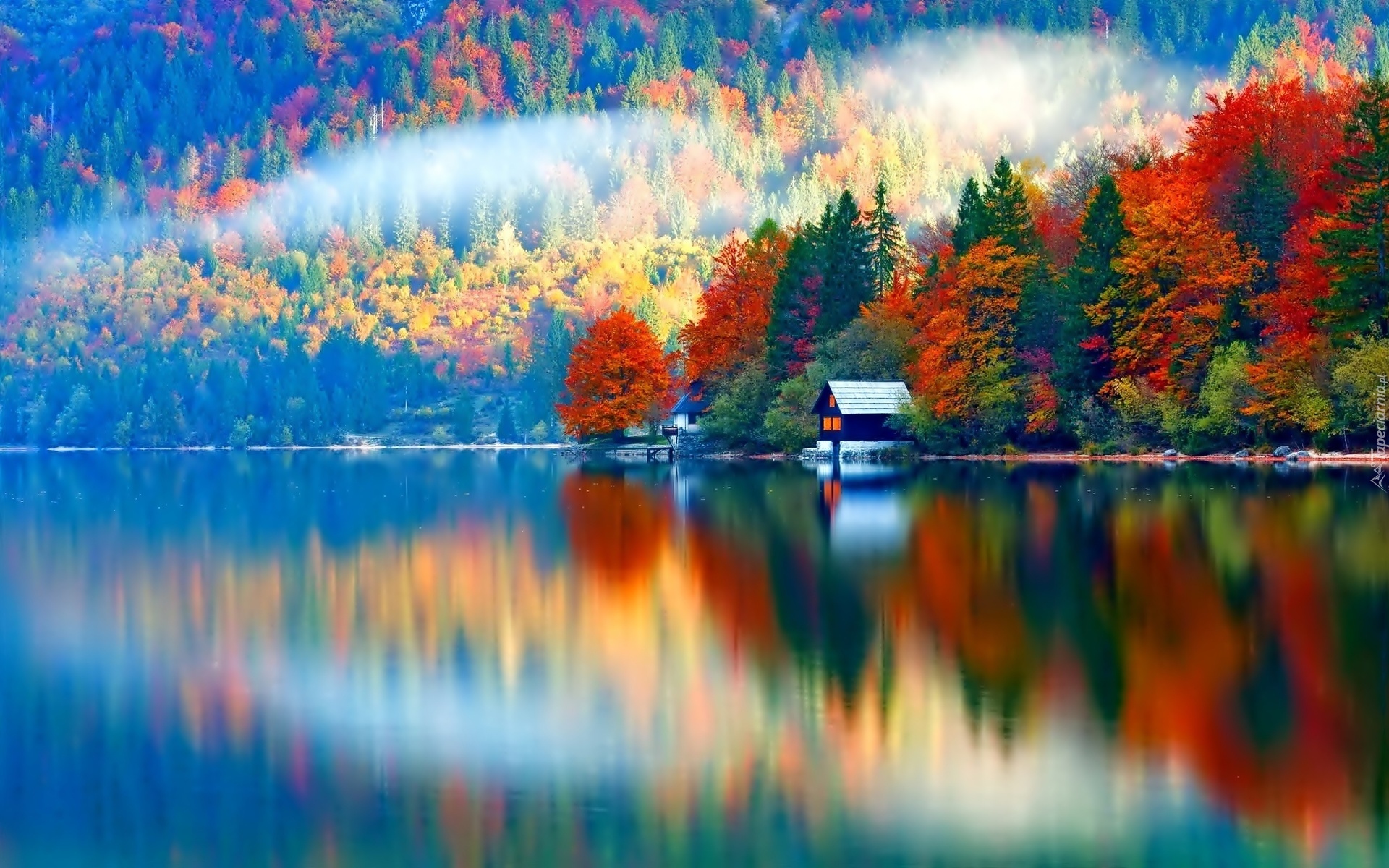 Jezioro, Jesień, Drzewa, Domek, Odbicie