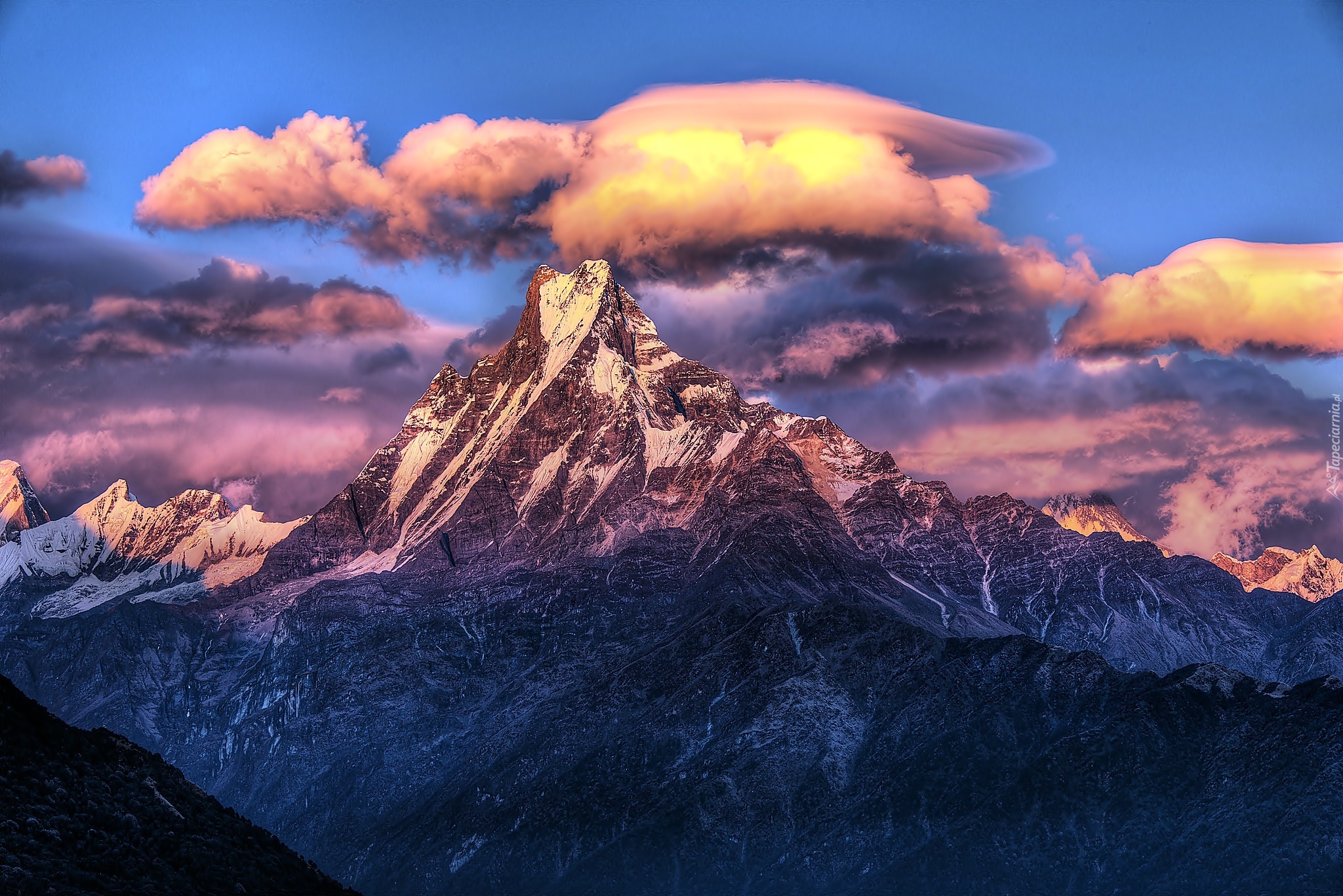 Góry, Himalaje, Chmury, Wschód, Słońca, Nepal