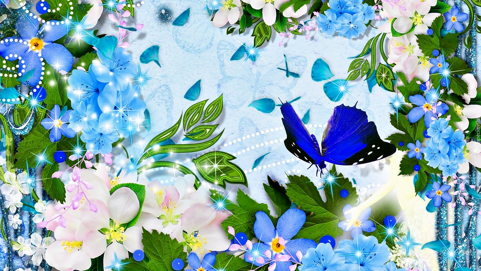 Kwiaty, Niebieski, Motyl, Grafika