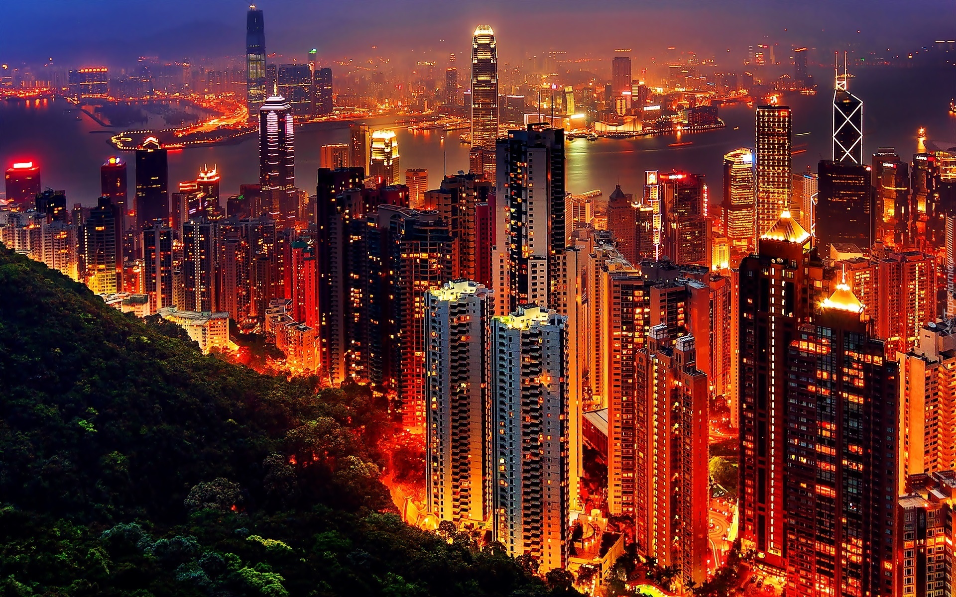 Drapacze, Chmur, Hong Kong, Panorama, Miasta, Nocą