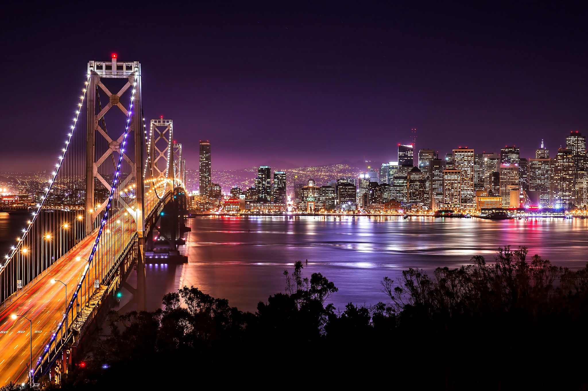 Most, Golden Gate, Drapacze, Chmur, San Francisco, Panorama, Miasta, Nocą