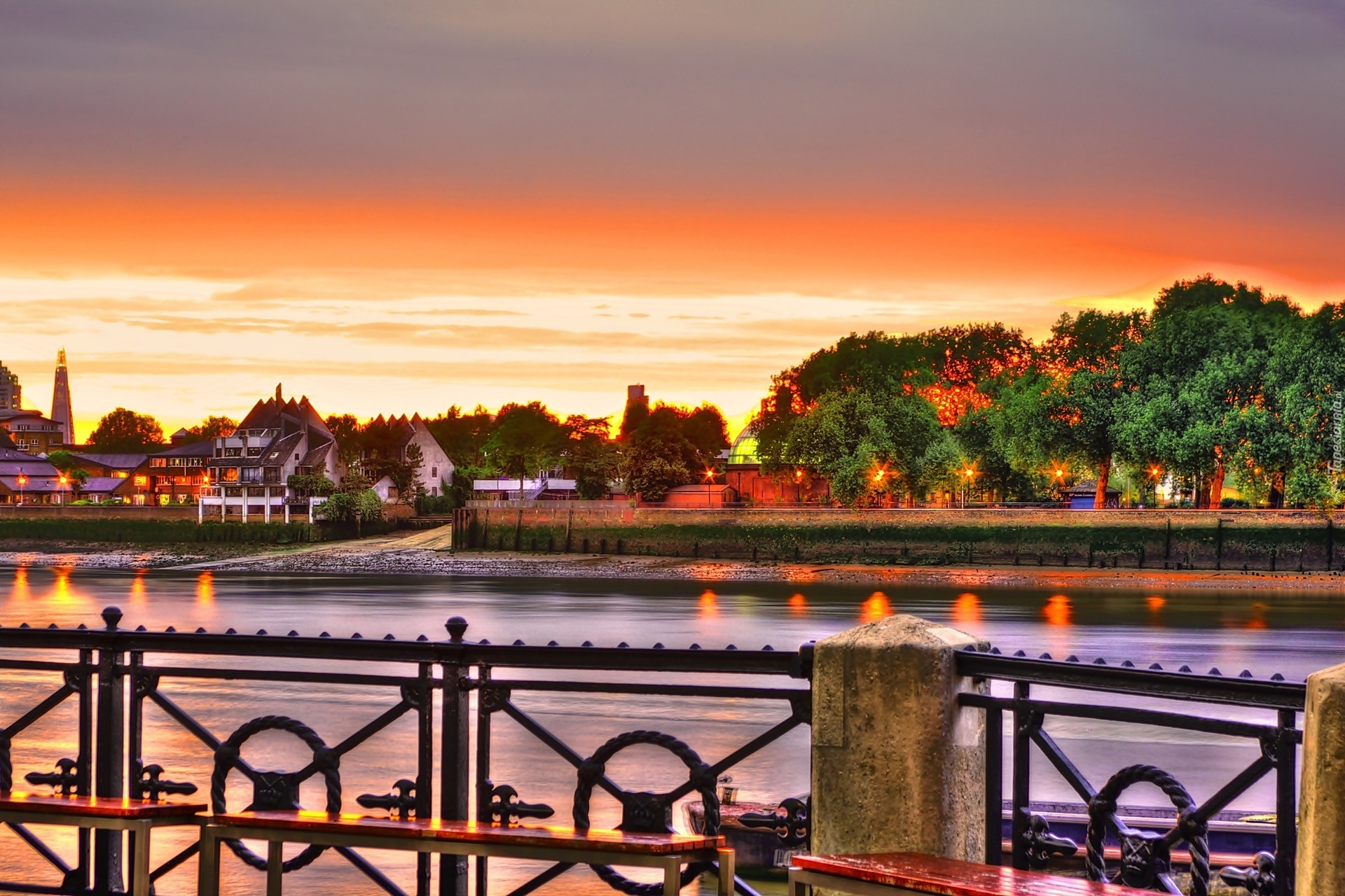 Rzeka, Domy, Zachód słońca, Balustrada Anglia, HDR