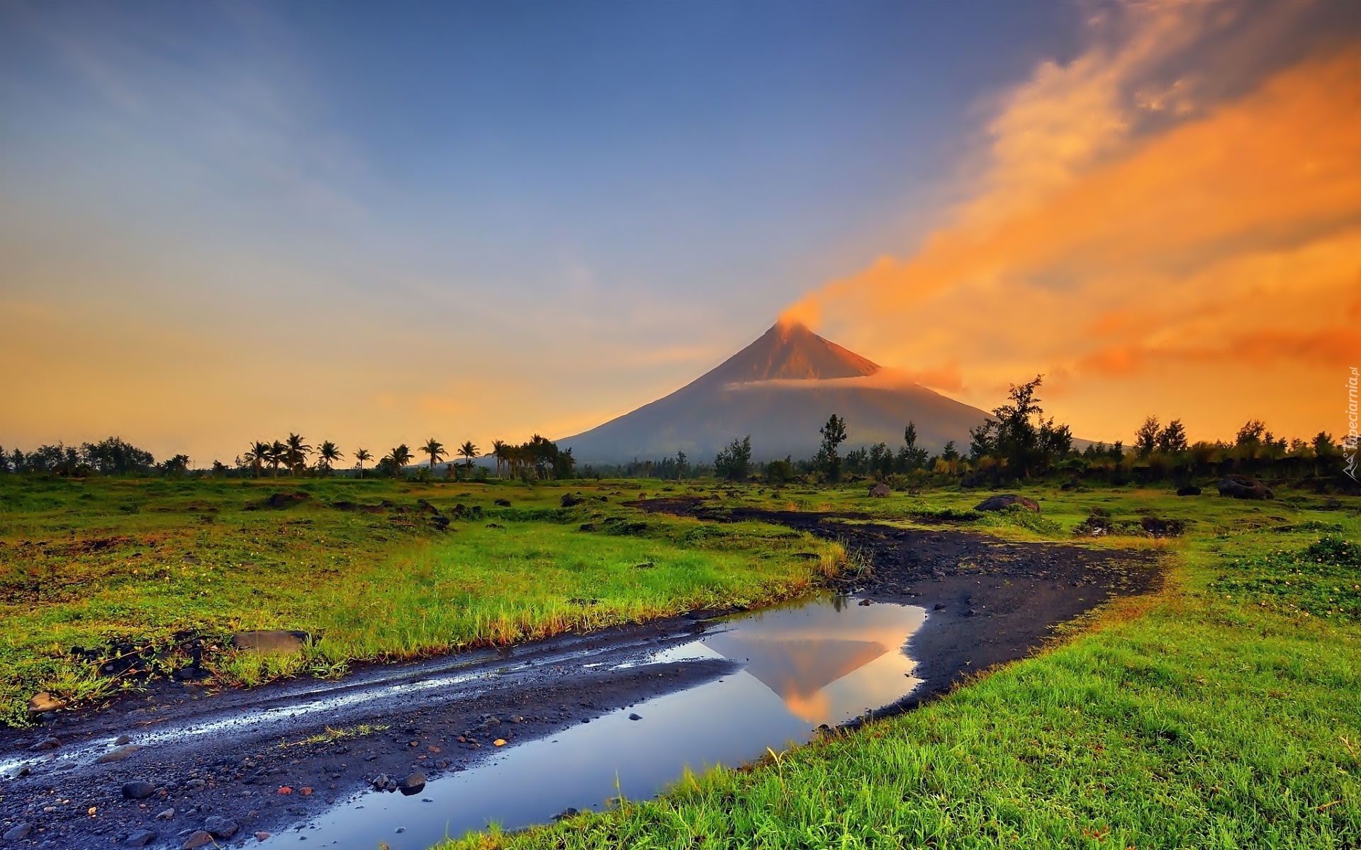 Wulkan, Mayon, Park, Rzeczka, Zachód, Słońca