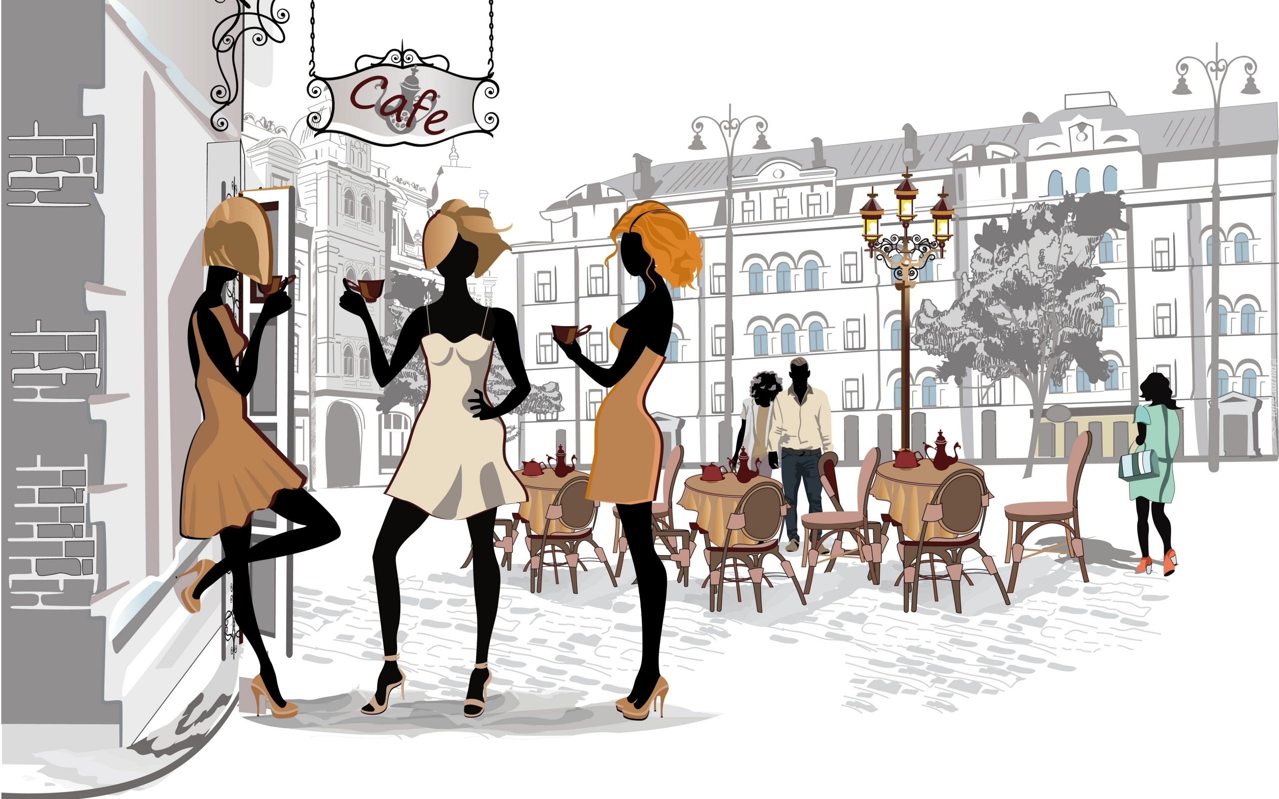 Kawiarnie, Paryż, Dziewczyny, Miasto, Ulica, Grafika 2D