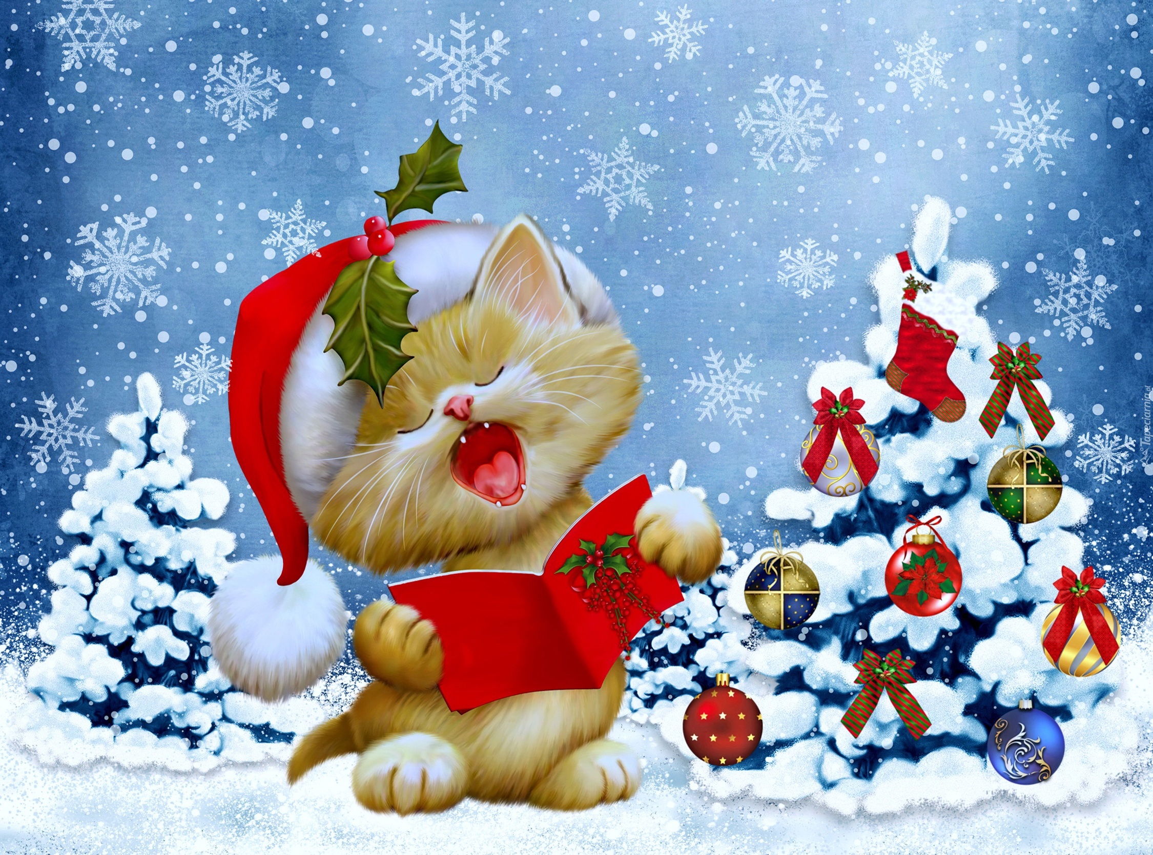 Kotek, Mikołaj, Choinka, Boże Narodzenie, 2D