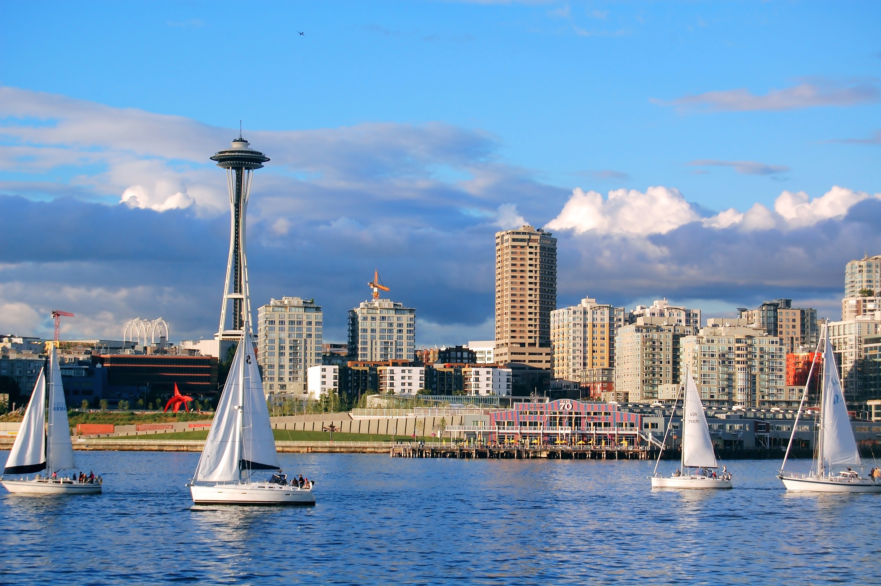 Stany Zjednoczone, Seattle, Wieża, Space Needle, Domy, Żaglówki