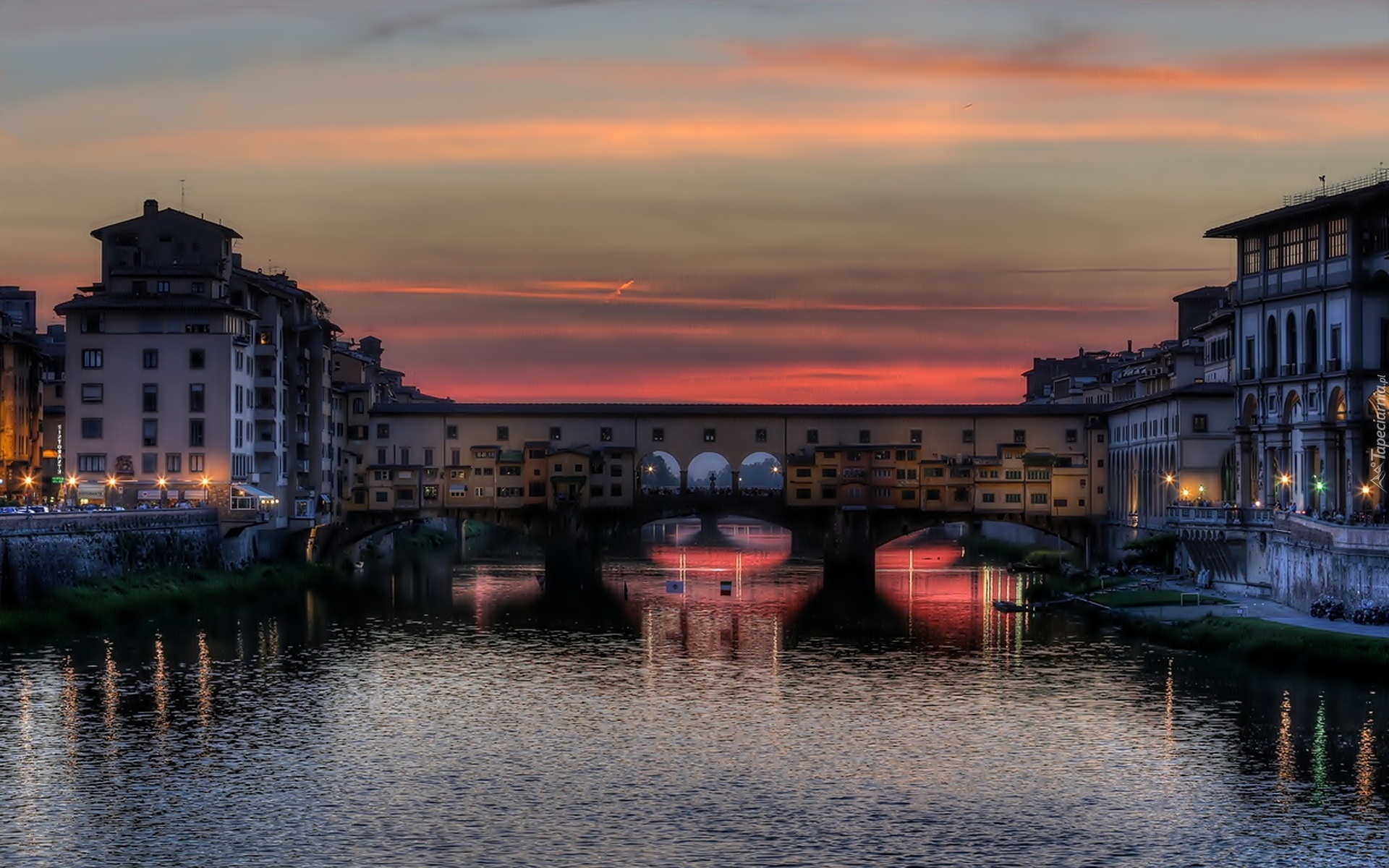 Włochy, Florencja, Most, Ponte Vecchio, Noc