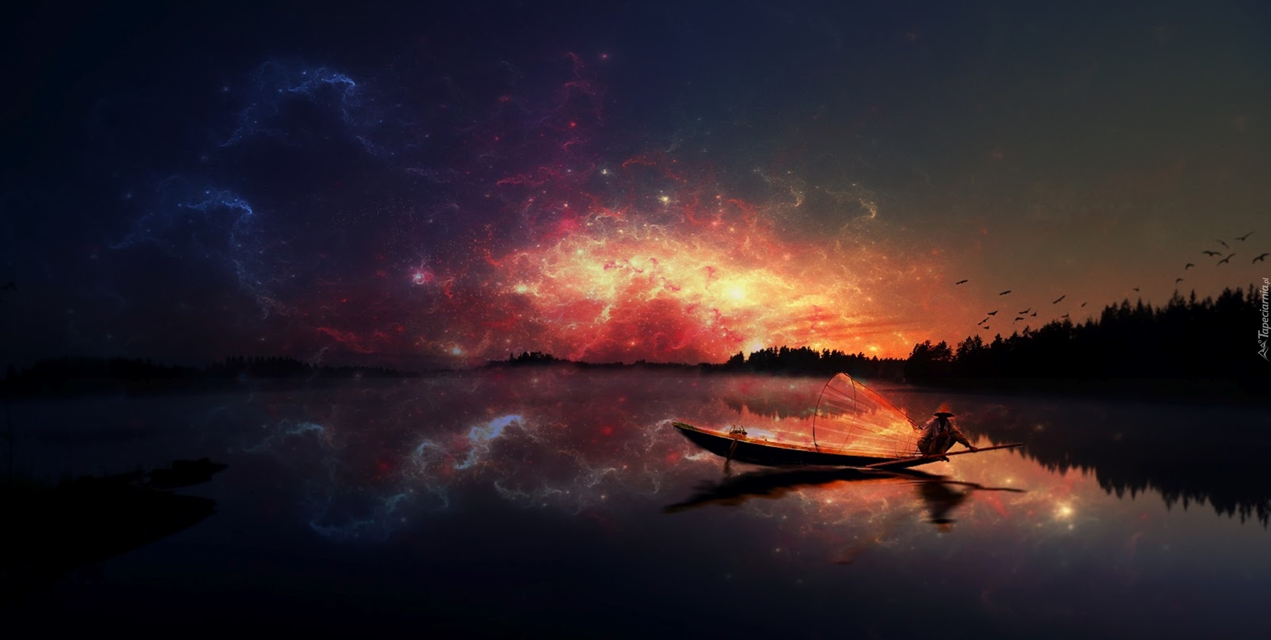 Jezioro, Łódka, Las, Noc, Fantasy