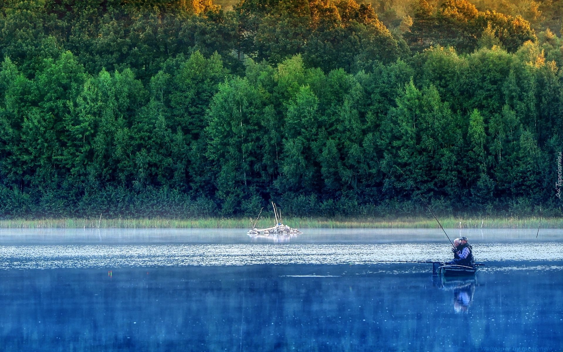 Jezioro Piaseczno, Wędkarze, Łódka, Poranek