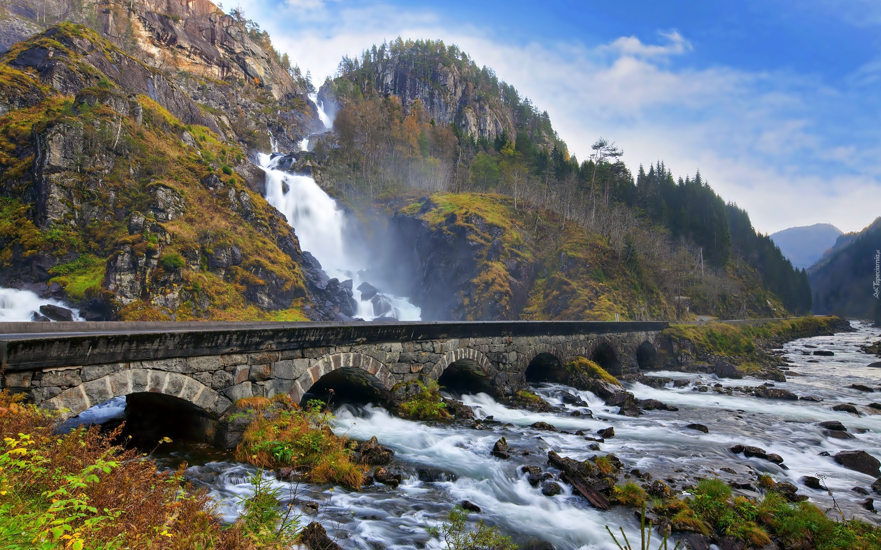 Góry, Las, Wodospad, Laatefoss, Rzeka, Most, Odda