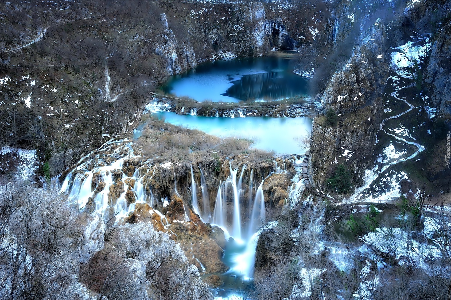 Chorwacja, Skały, Wodospad, Park Narodowy, Plitvice, Z lotu ptaka