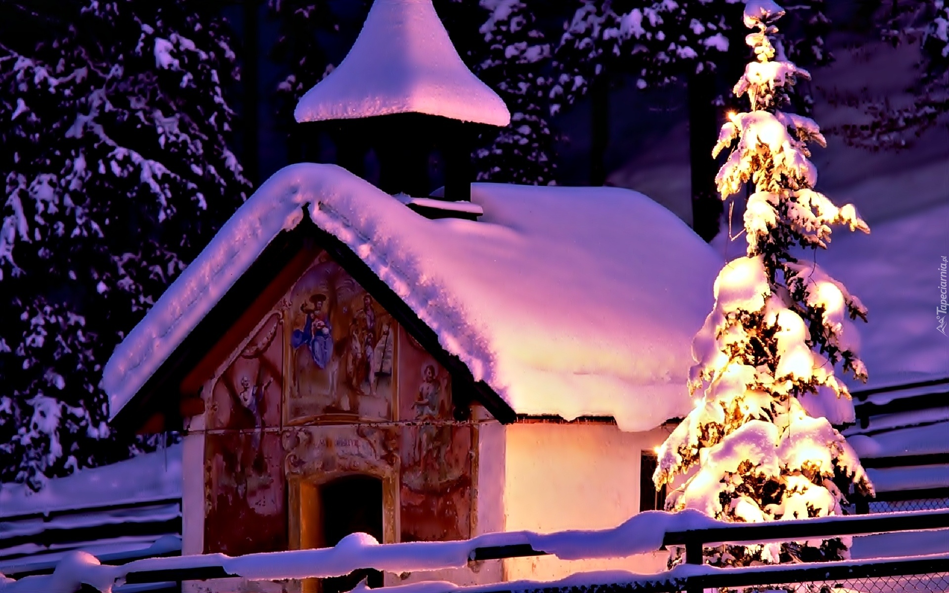 Zima, Śnieg, Cerkiew, Drzewa