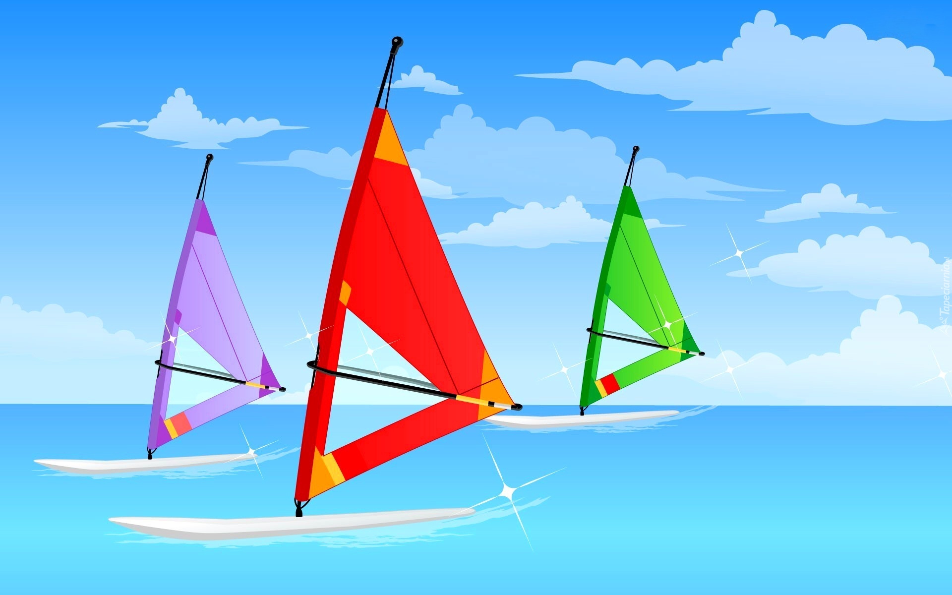 Windsurfing, Grafika, Morze, Niebo, Obłoki, 2D