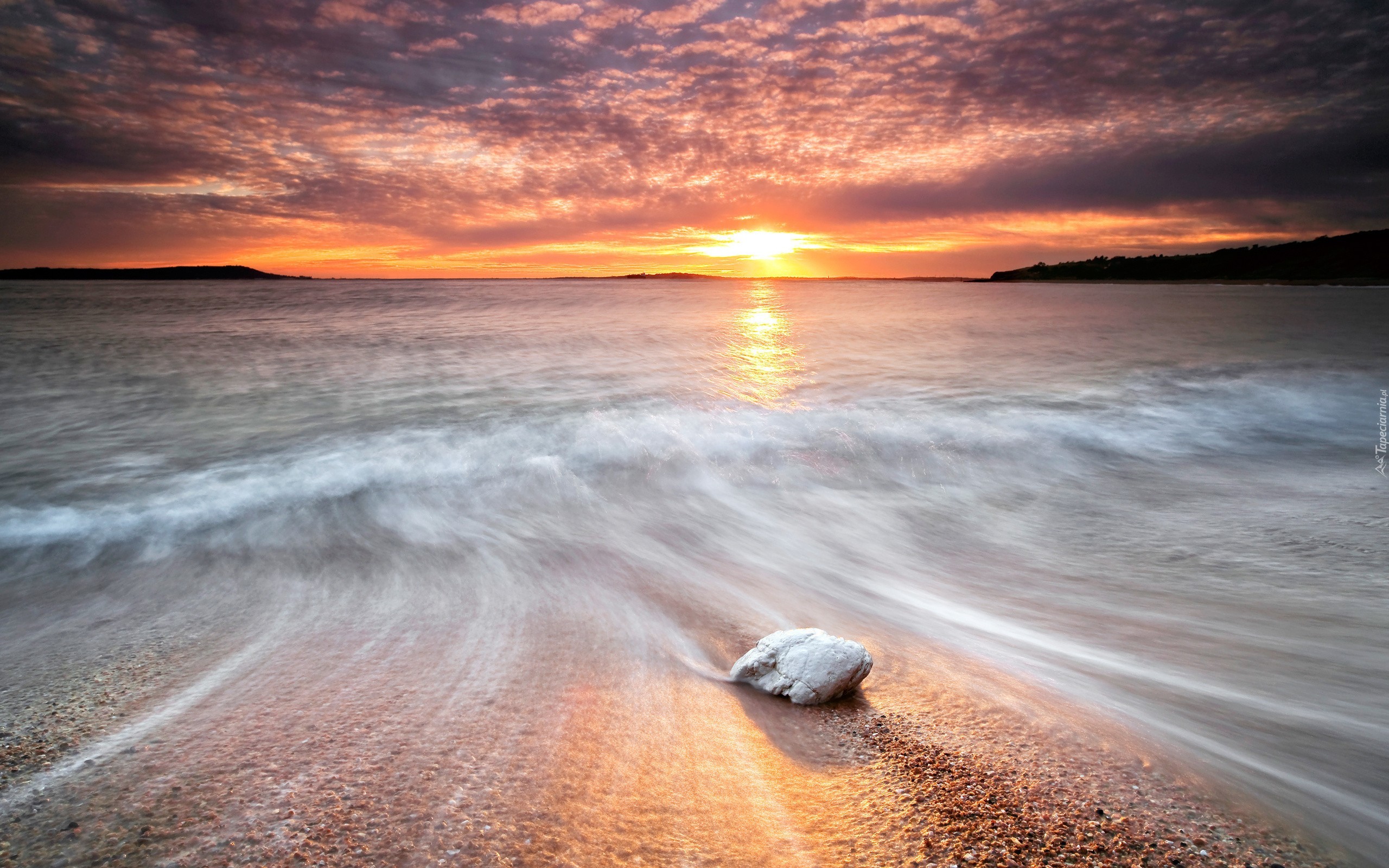 Morze, Plaża, Zachód słońca