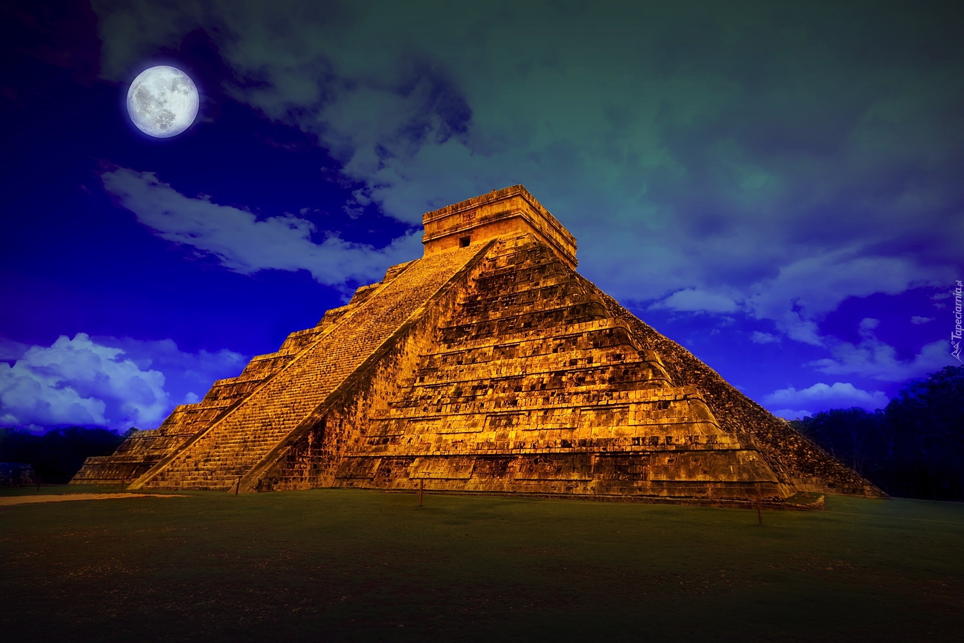 Meksyk, Chichén Itzá, Piramida, Świątynia, Kukulkana, Księżyc, Niebo, Chmury