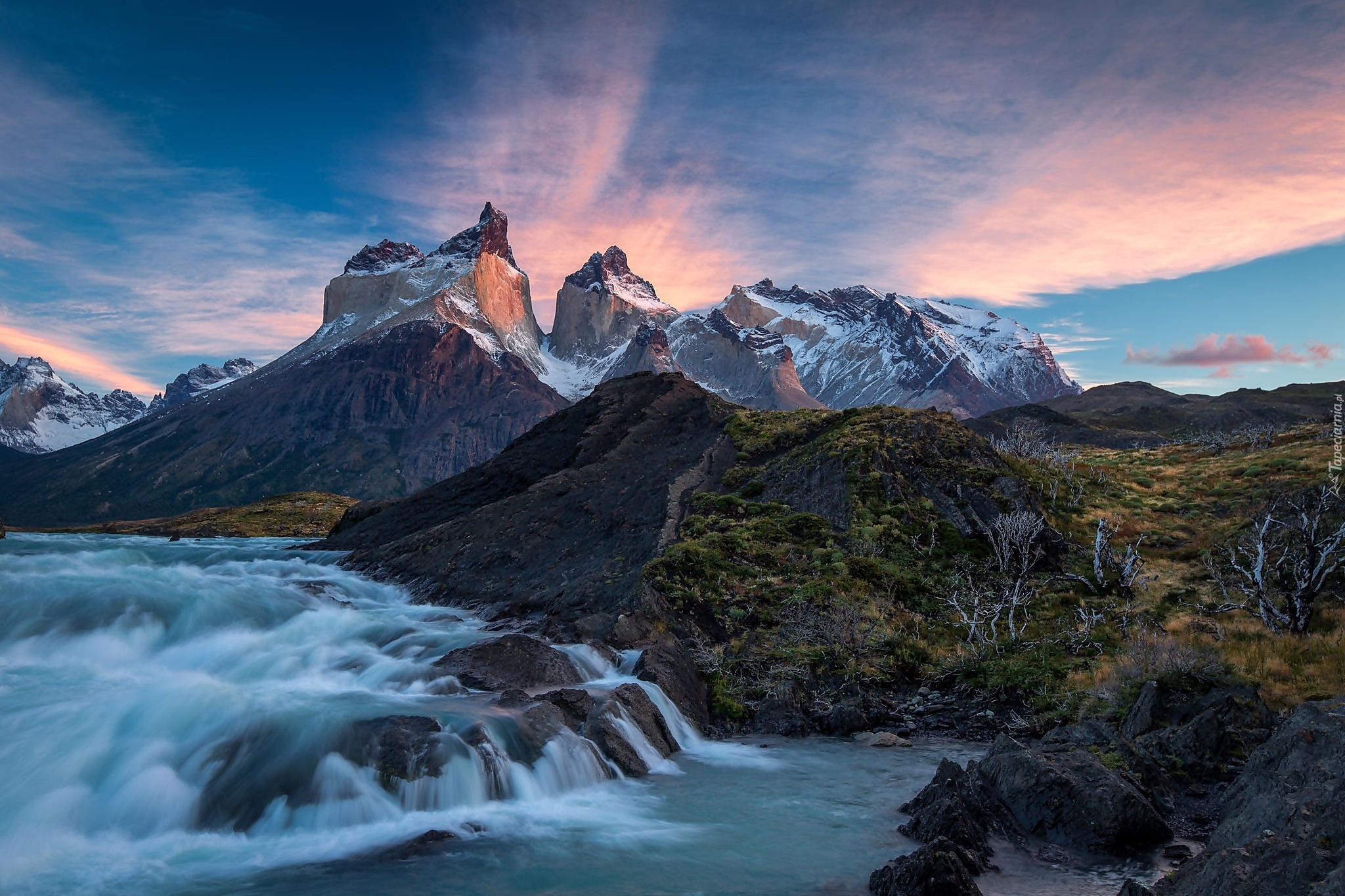 Chile, Góry Torres del Paine, Zachód, Słońca, Rzeka, Park Narodowy Torres del Paine