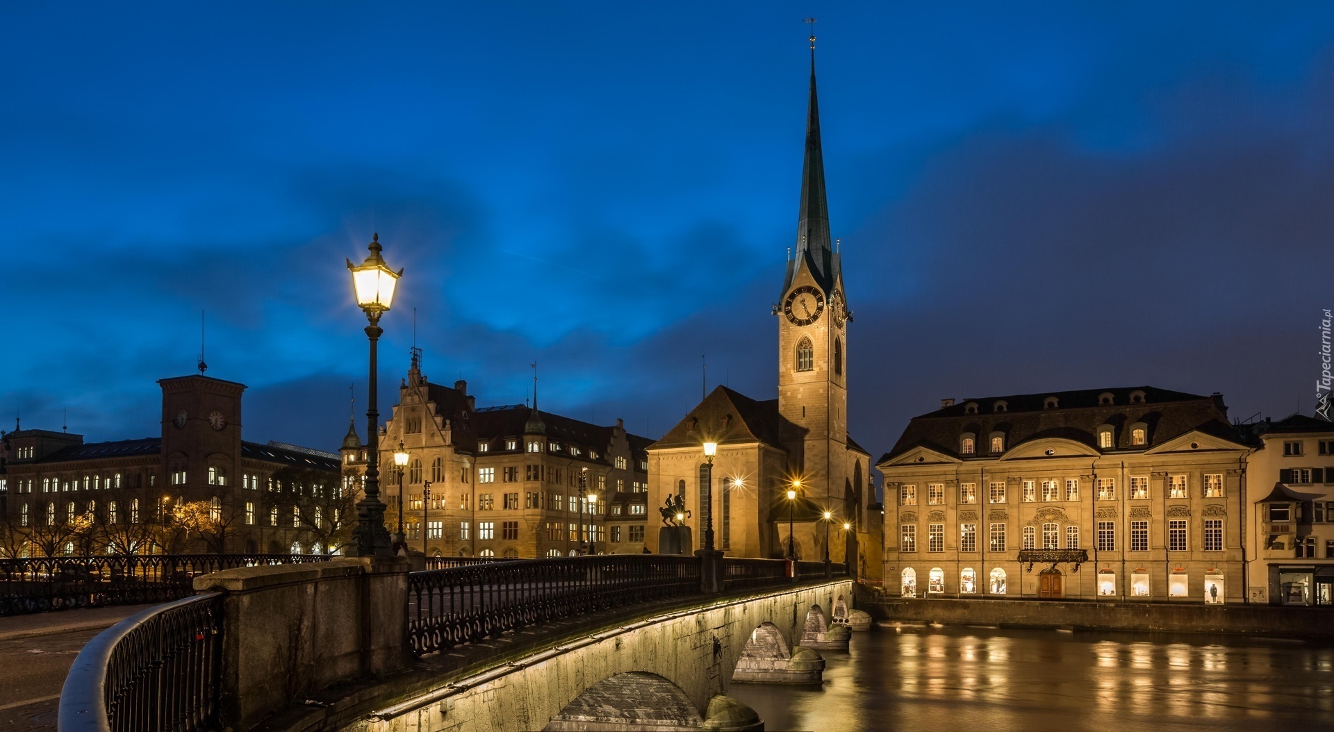 Szwajcaria, Zurych, Rzeka Limmat, Most Munsterbrucke, Kościół Fraumunster, Latarnia