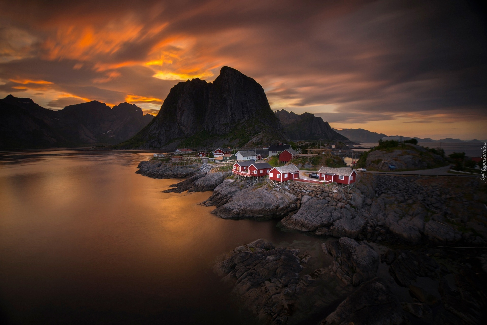 Wioska, Góry, Morze, Skały, Zachód Słońca, Norwegia