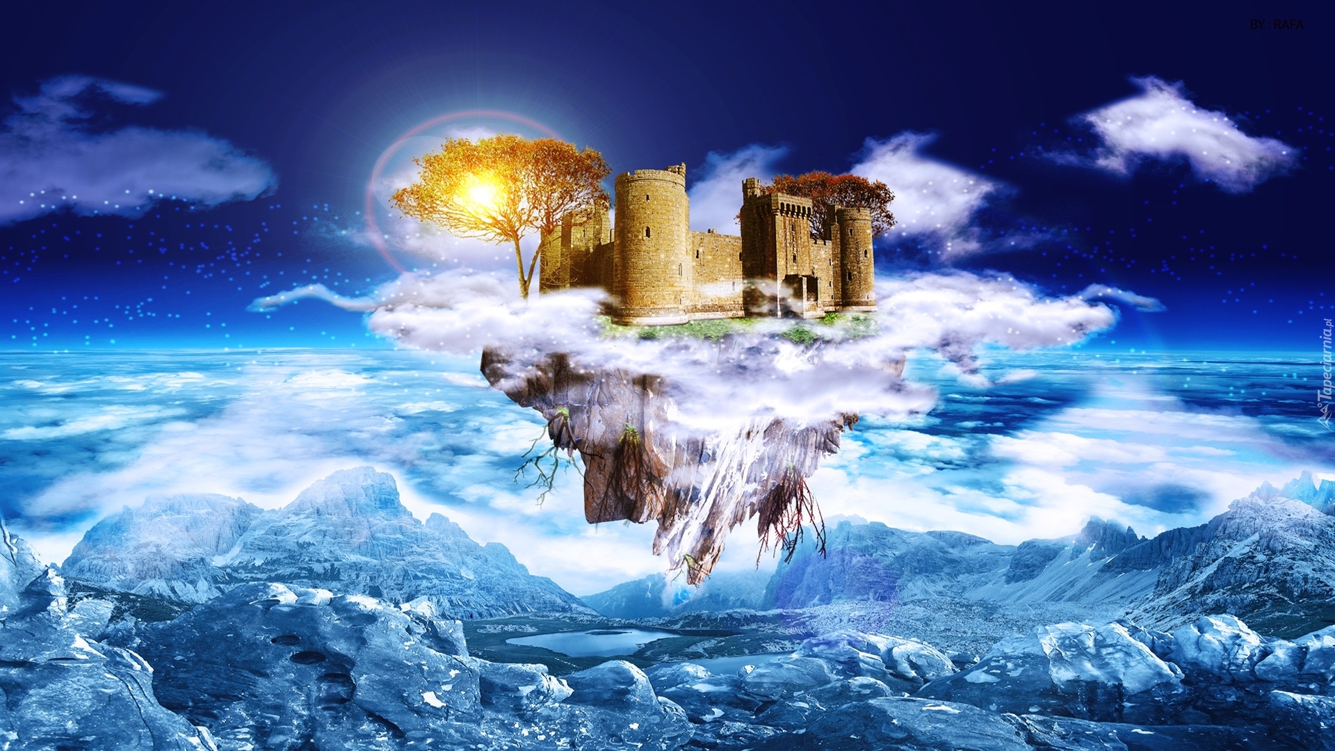 Grafika, Wyspa, Skały, Zamek, Drewo, Niebo, Fantasy