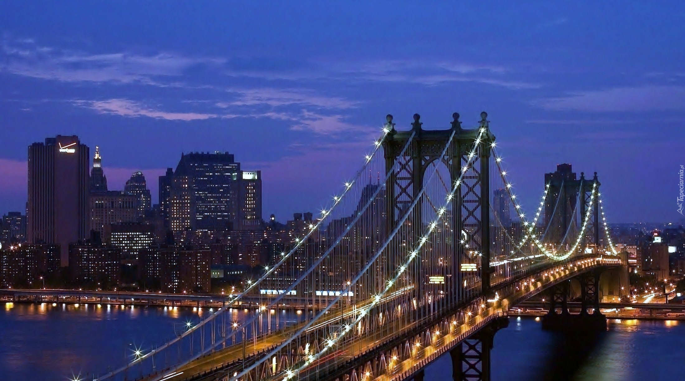 Manhattan Bridge, Drapacze chmur, Oświetlenie, Miasto nocą