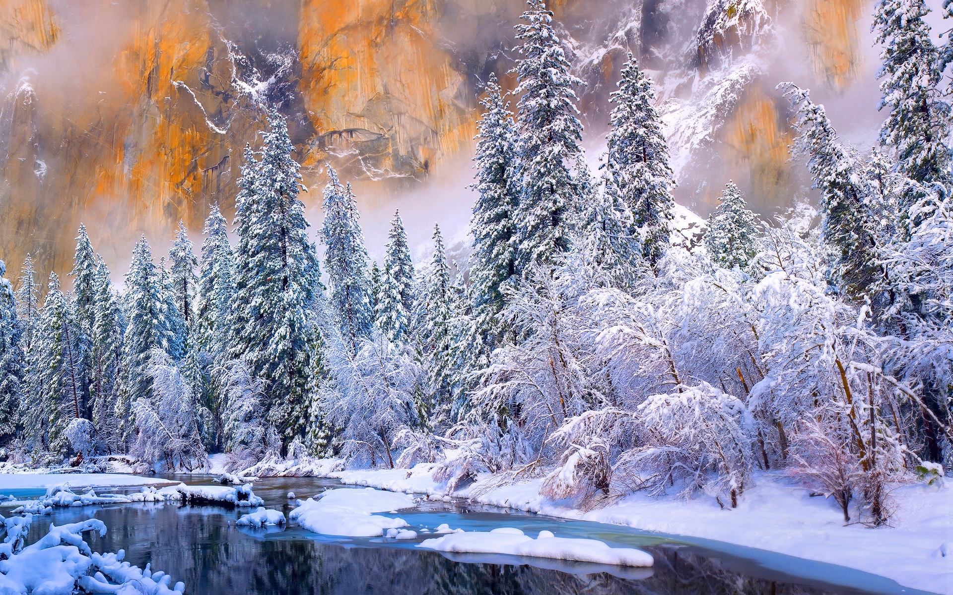 Zima, Góry, Las, Drzewa, Park Narodowy Yosemite, Rzeka Merced River, Stany Zjednoczone, Kalifornia