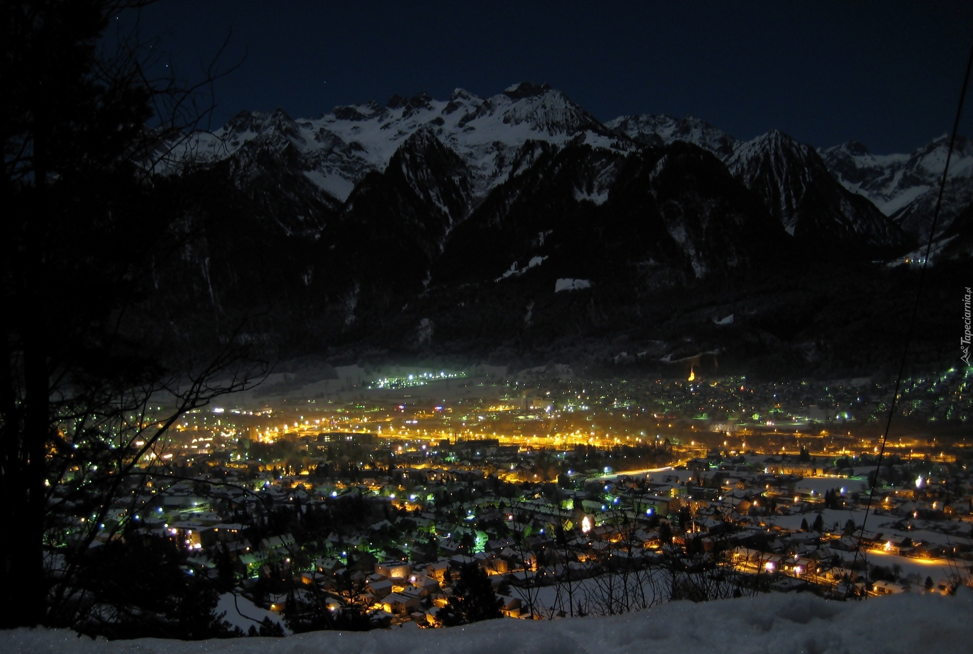 Noc, Miasto, Góry, Austria, Bludenz, Z lotu ptaka