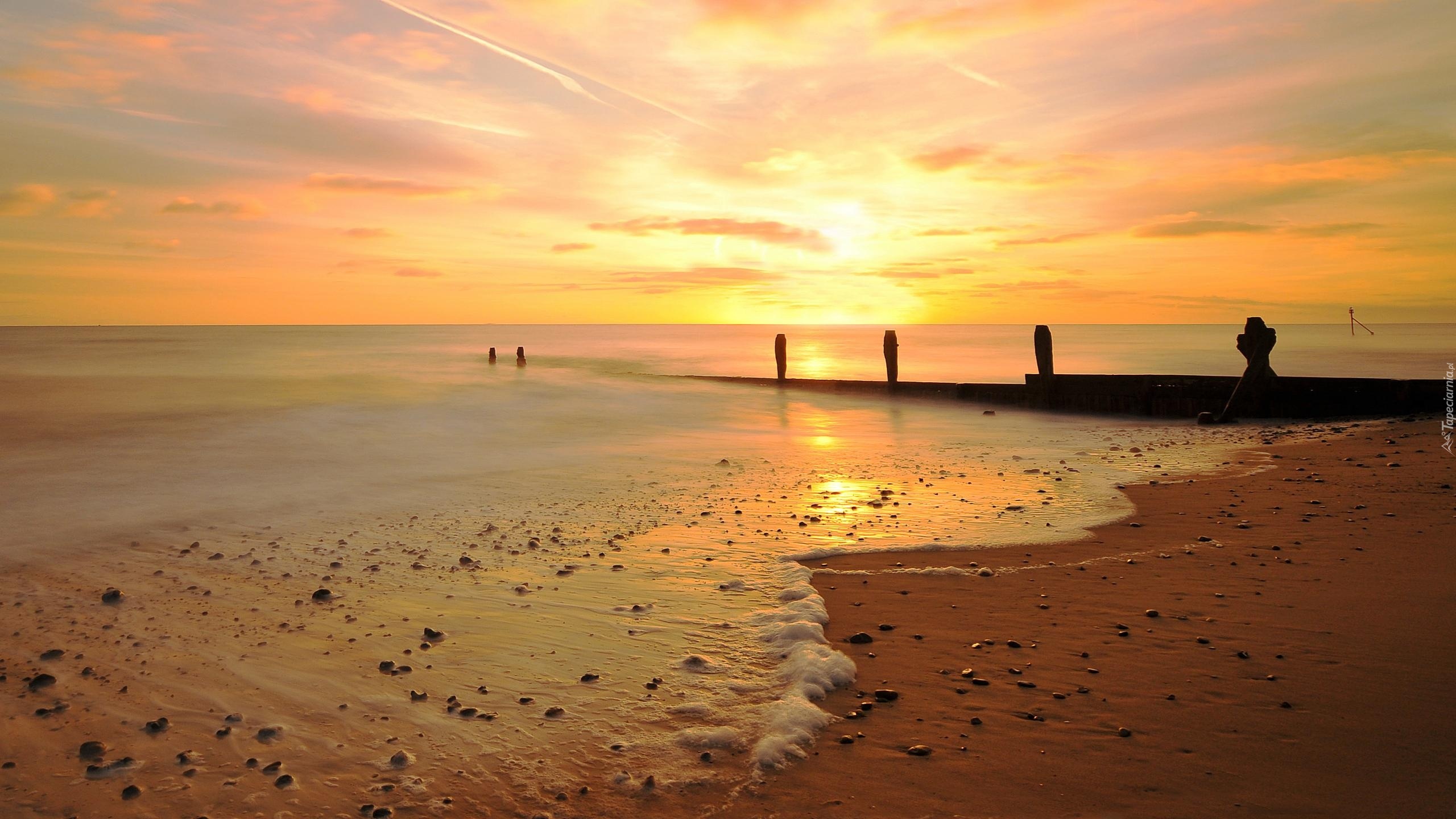 Morze, Plaża, Zachód Słońca