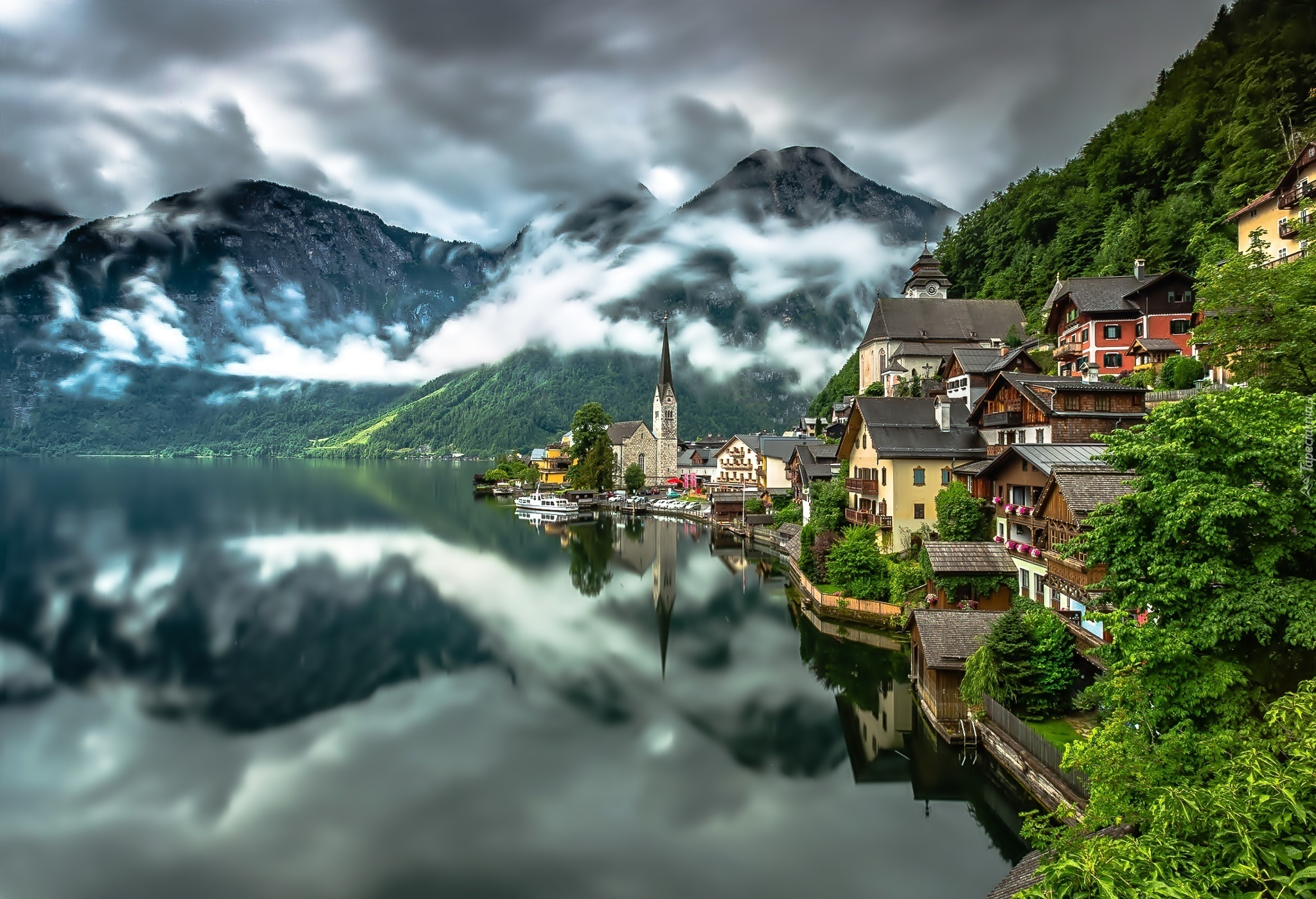 Góry, jezioro, Hallstatt, Austria