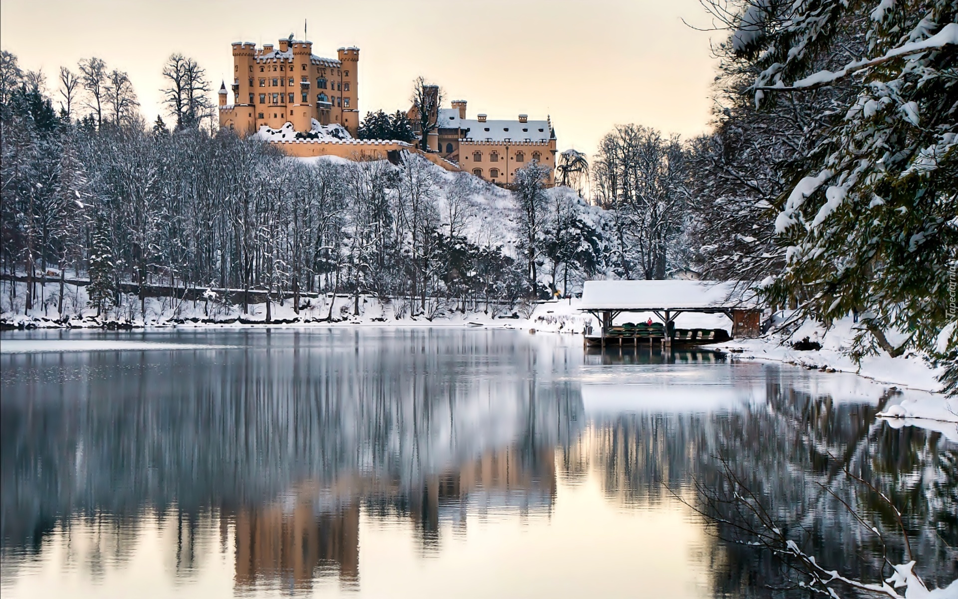 Hohenschwangau Castle, Niemcy, Schwangau, Zamek, Rzeka, Zima