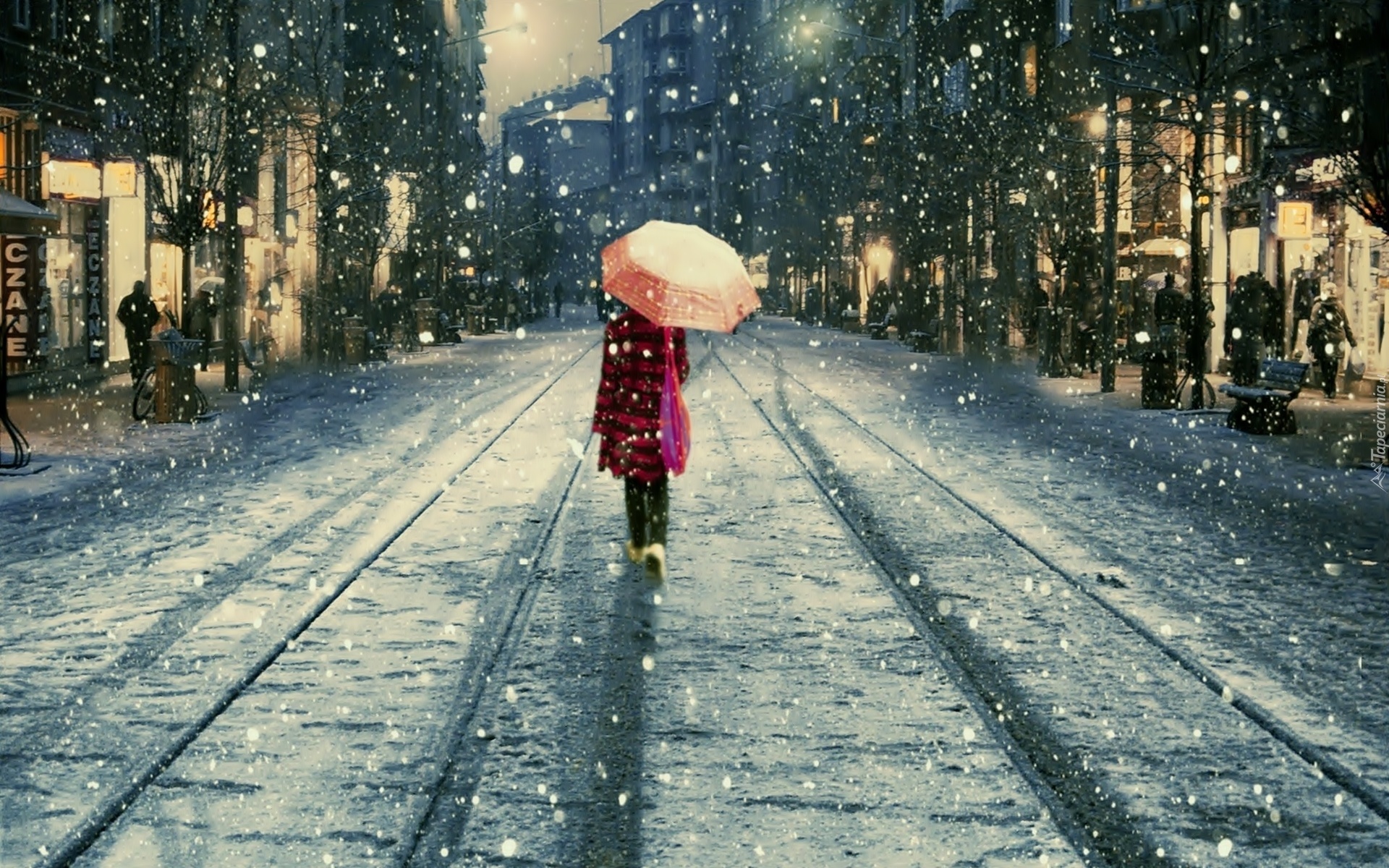 Zima, Ulica, Kobieta, Parasol, Padający, Śnieg, Kamienice