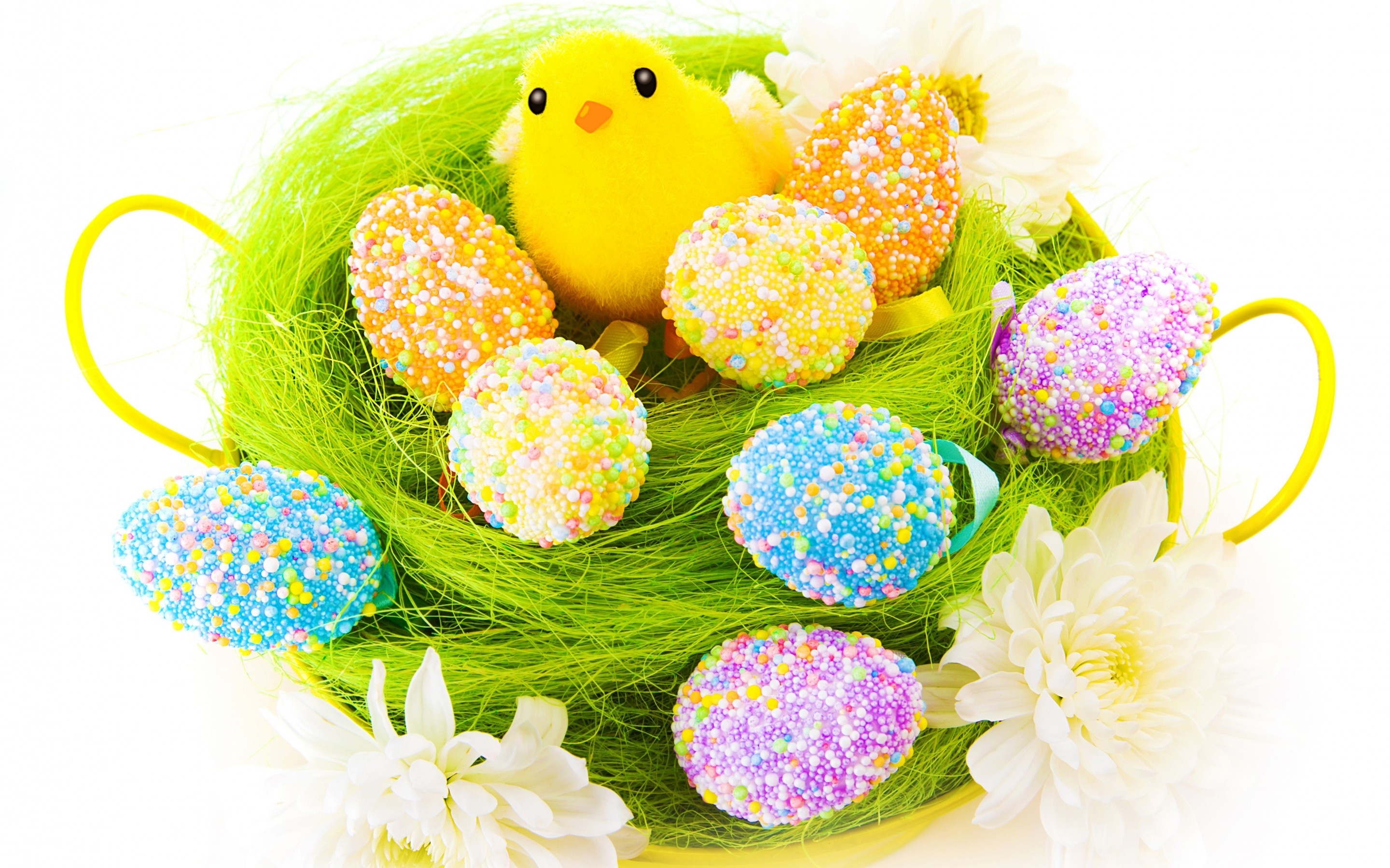 Wielkanoc, Kurczaczek, Jajka, Kwiaty