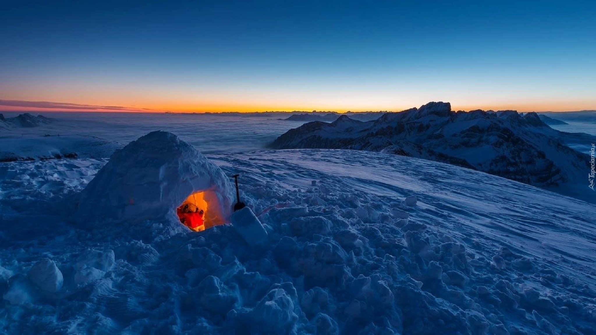 Zachód, Słońca, Igloo, Śnieg, Skały
