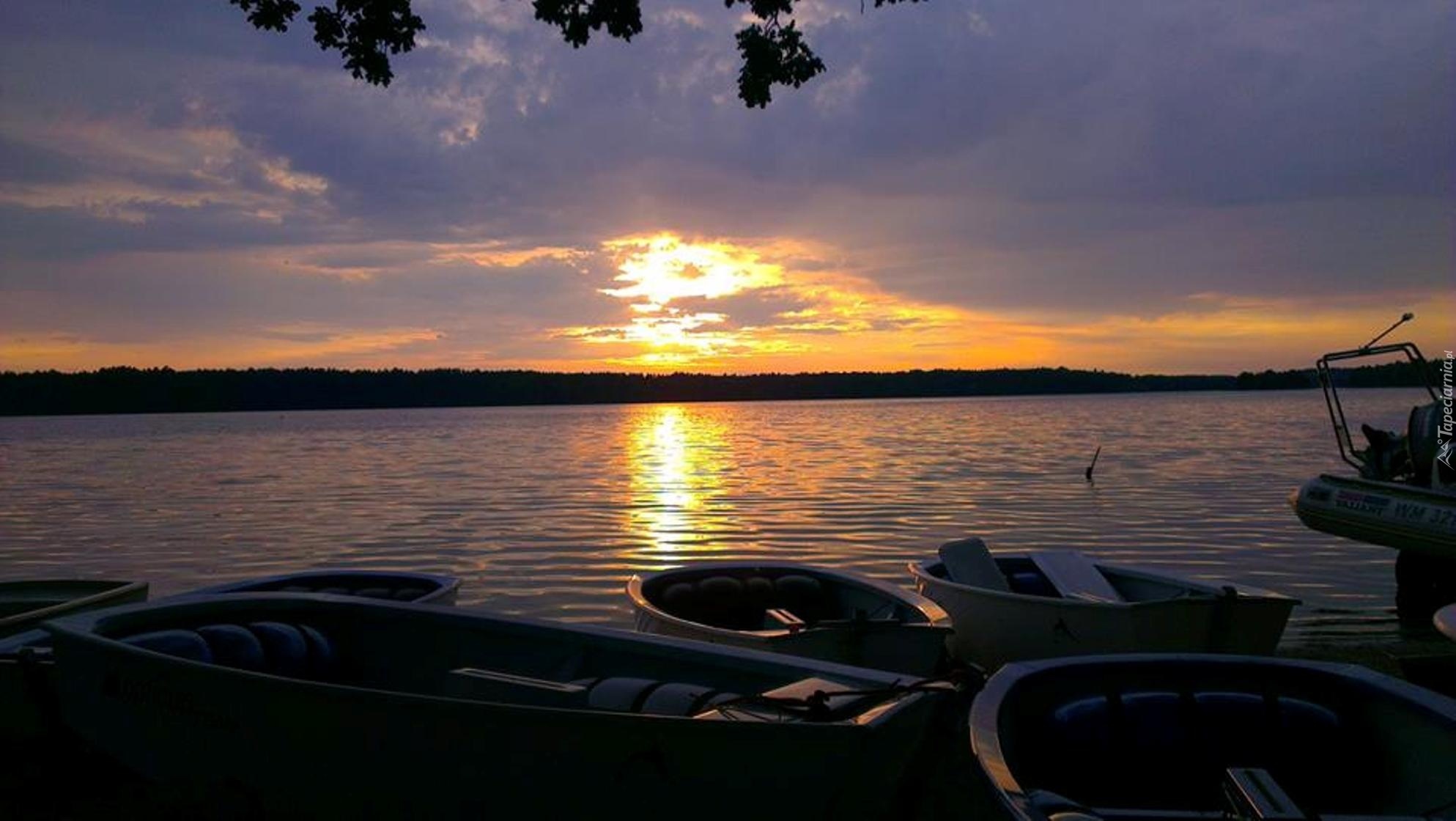 Jezioro, Łódki, Zachód Słońca