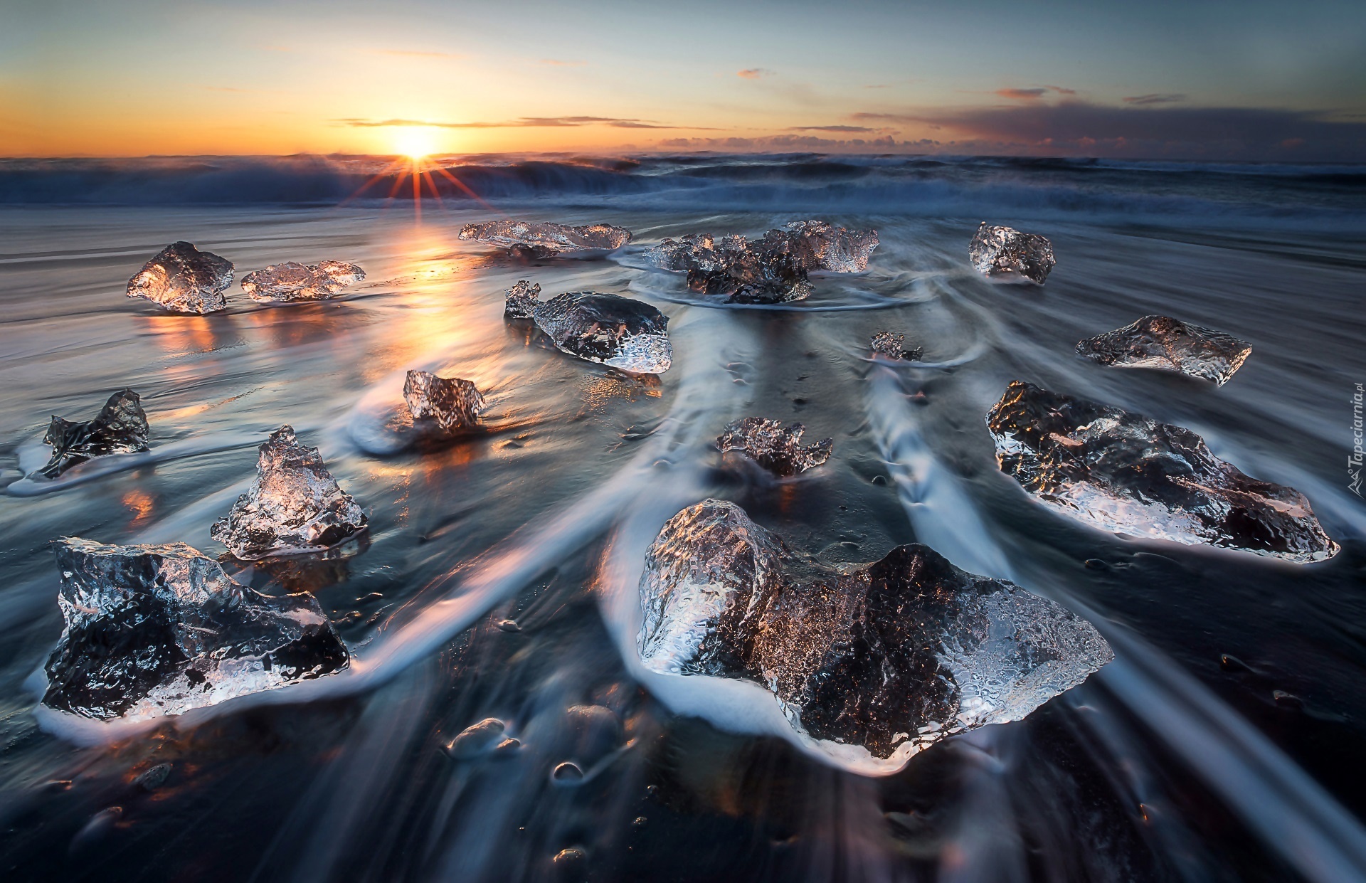 Islandia, Morze, Lód, Fale, Wschód Słońca, Park Narodowy Vatnajökull