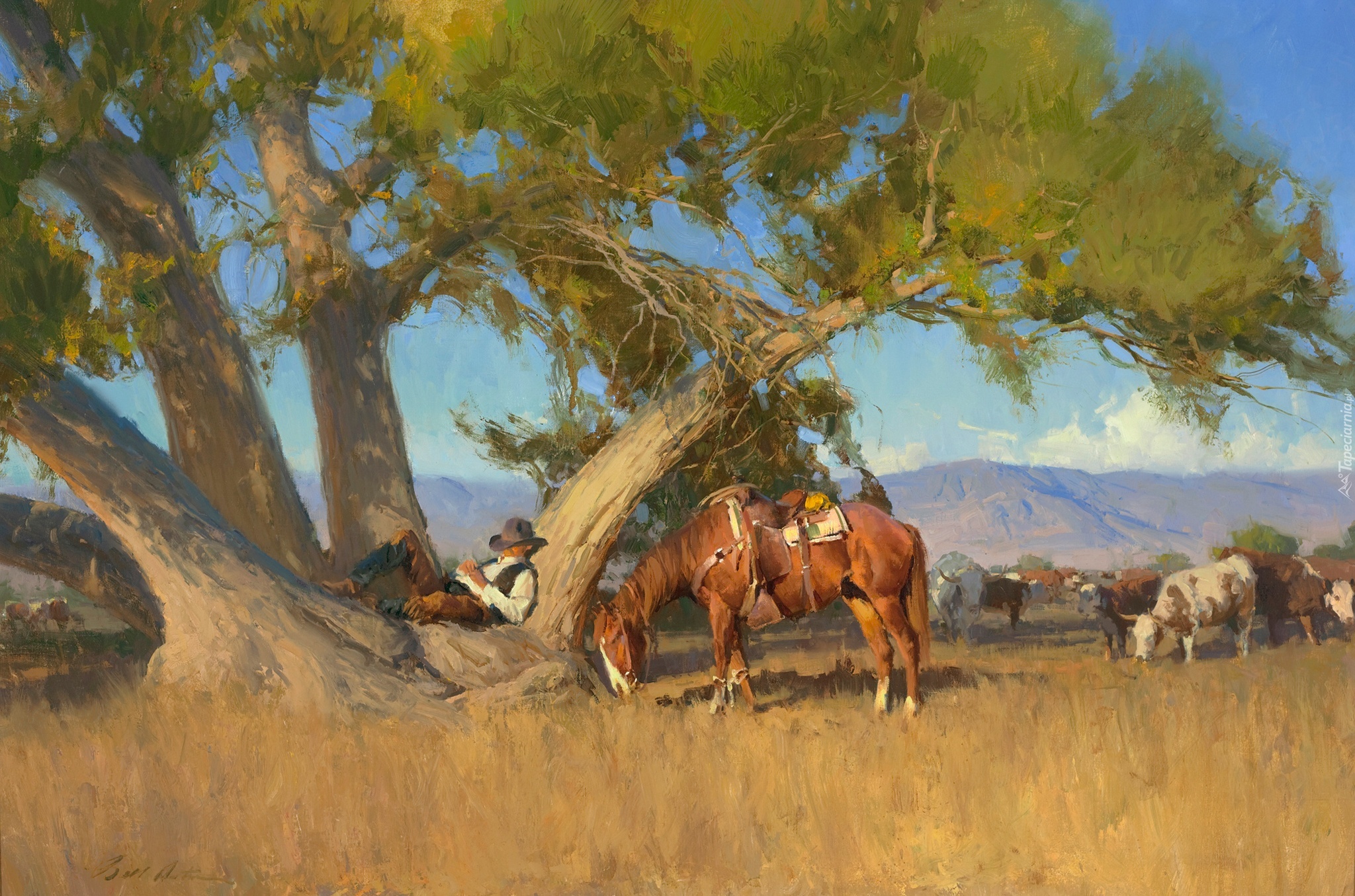 Obraz, Malarstwo, Kowboj, Drzewo, Koń, Krowy