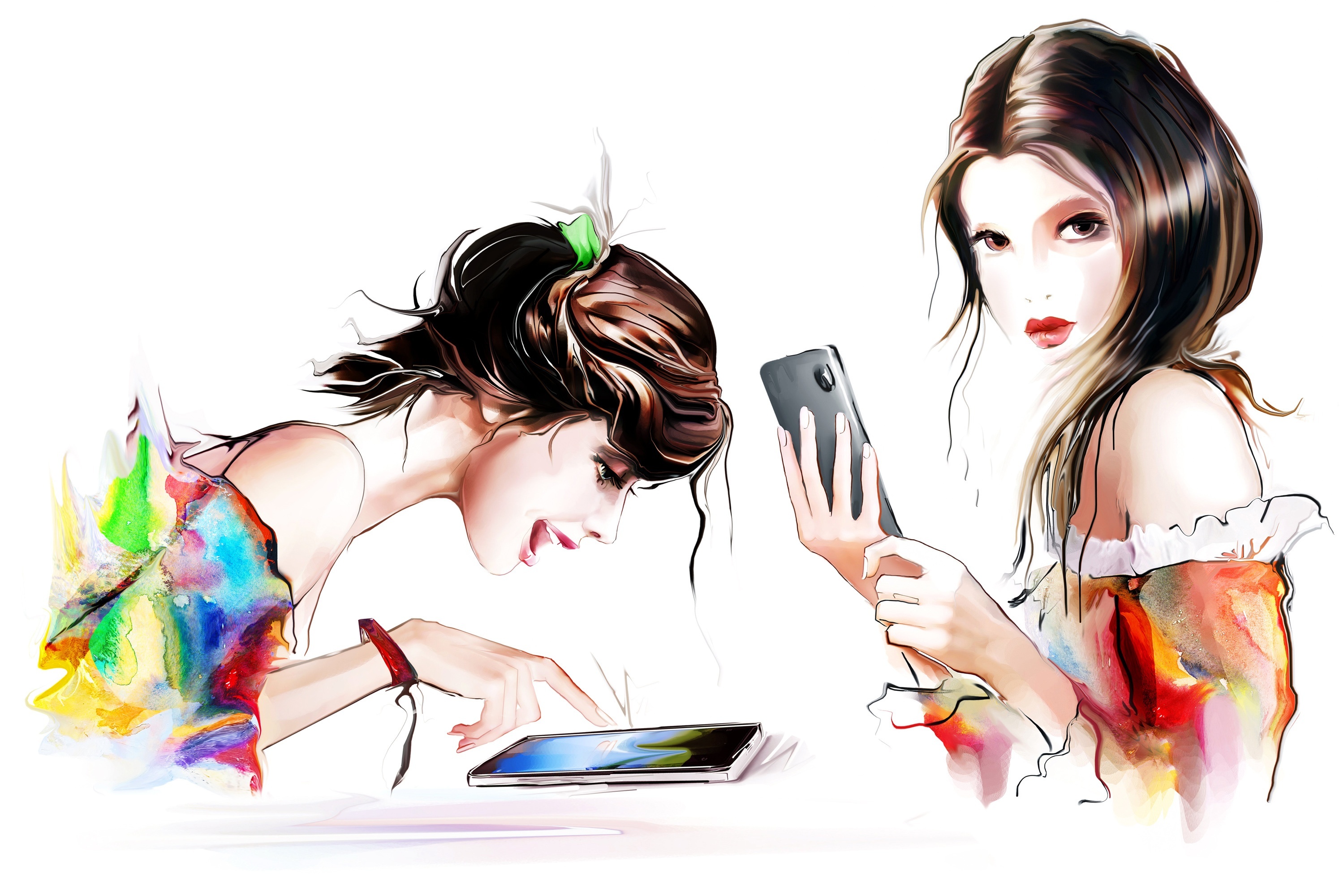 Młode Dziewczyny, Tablet, Komórka, Grafika, 2D