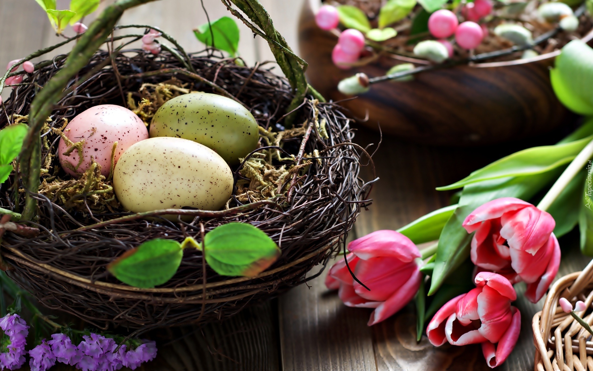 Wielkanoc, Tulipany, Jajka, Koszyczek