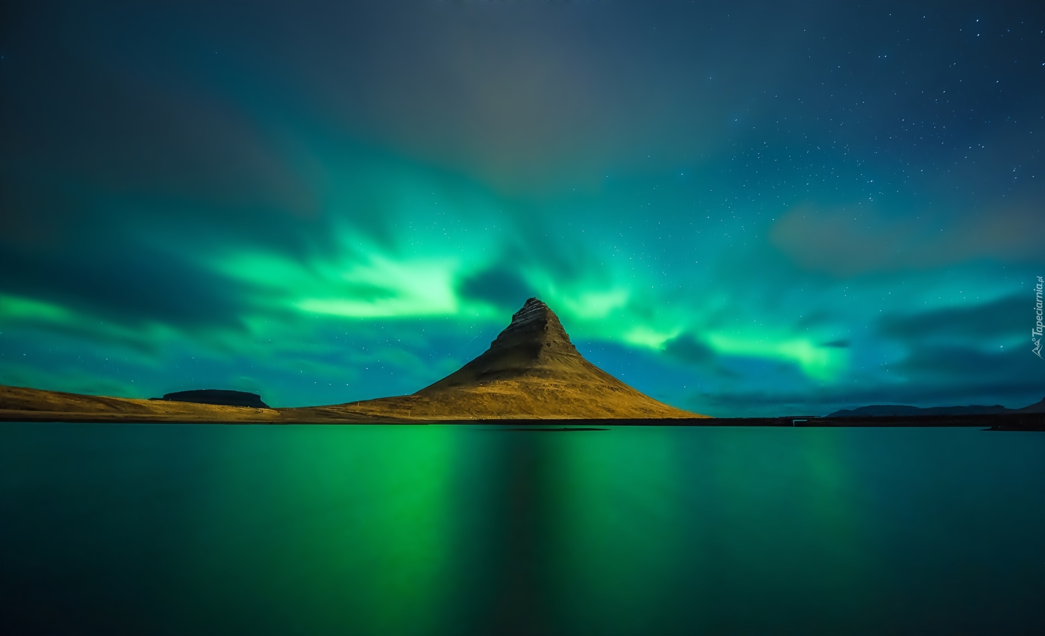 Góry, Morze, Zorza Polarna, Islandia