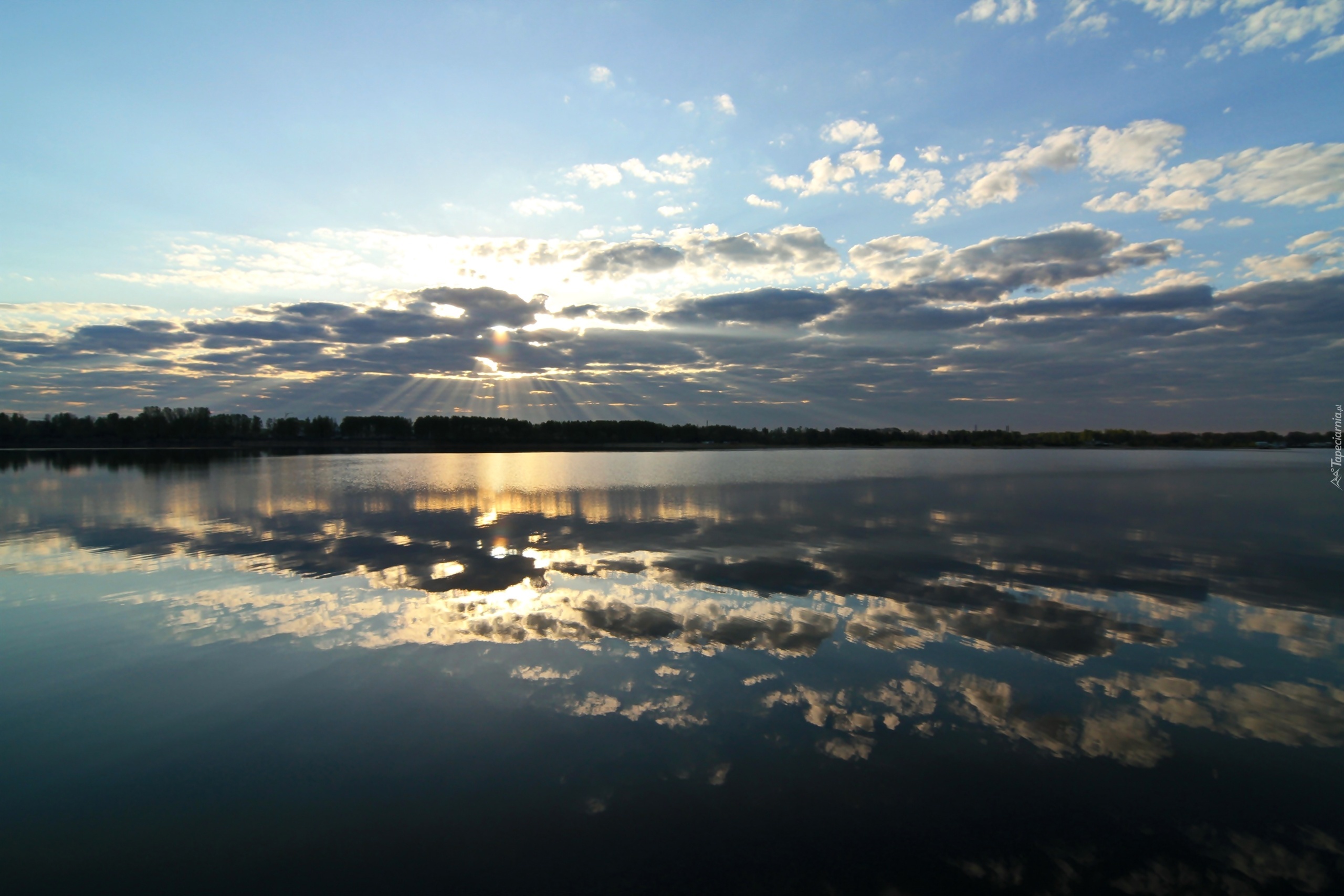 Jezioro, Chmury, Przebijające, Światło, Odbicie