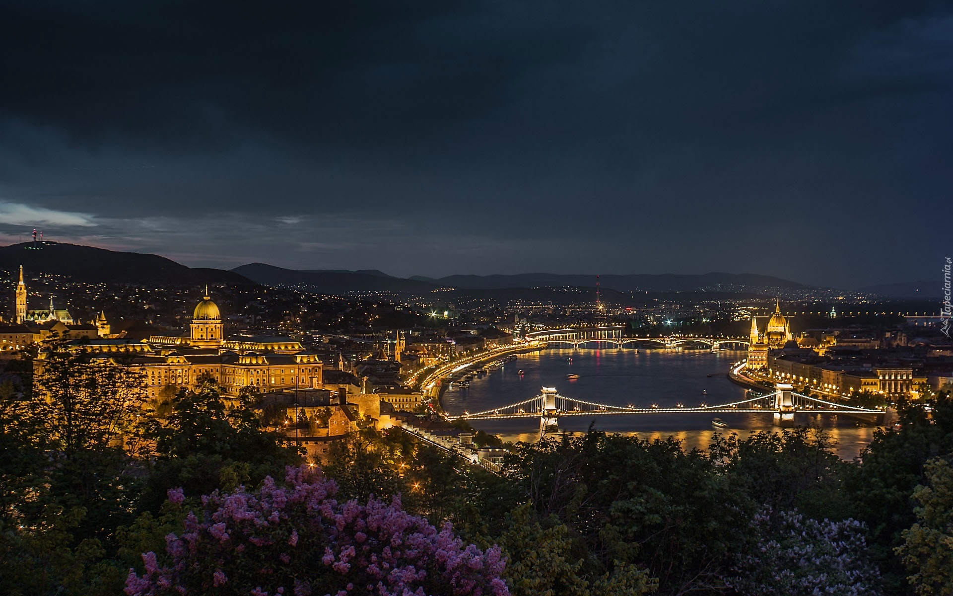 Węgry, Budapeszt, Miasto, Nocą, Rzeka, Most