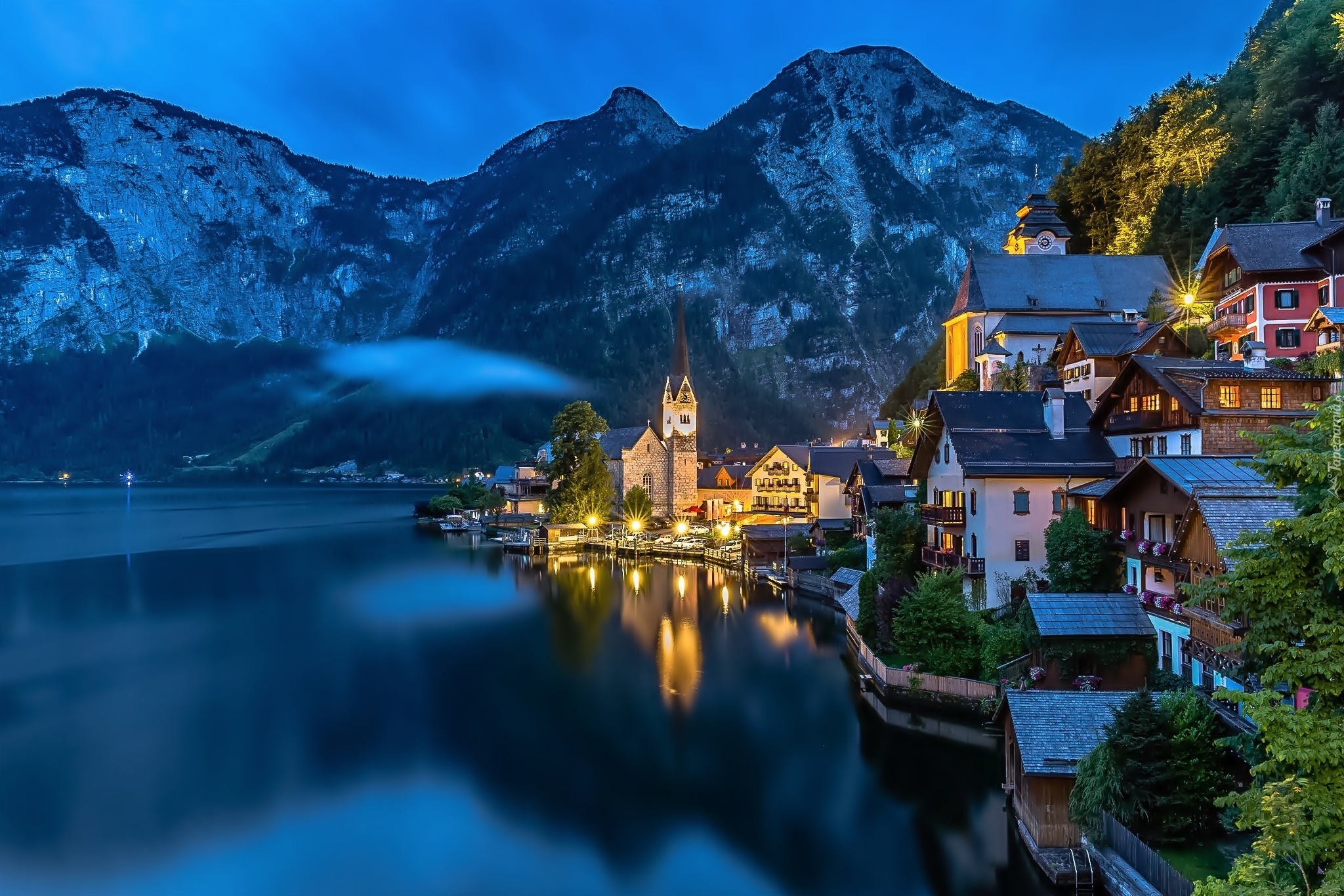 Domy, Góry, Jezioro, Hallstatt, Austria