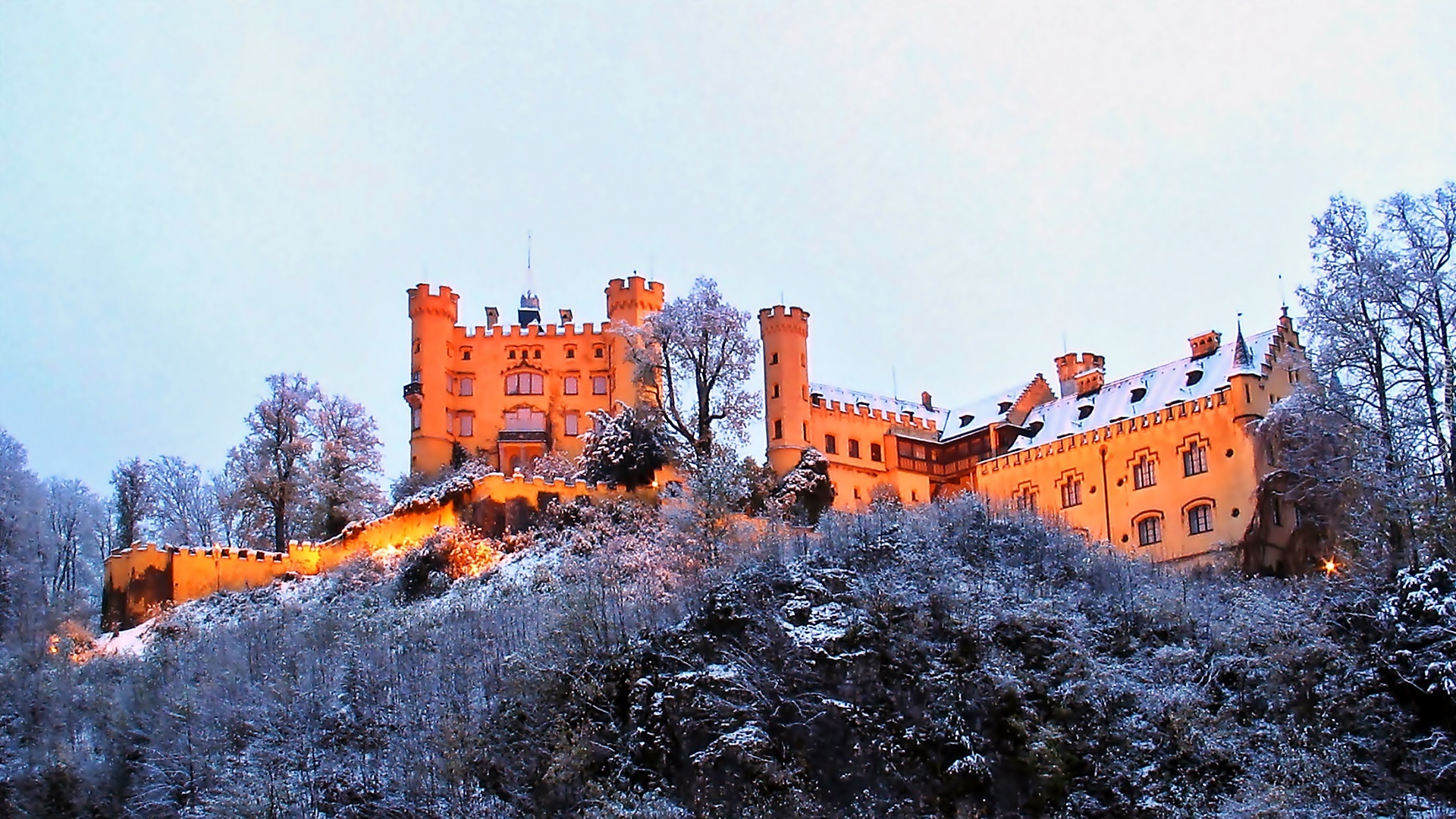 Zamek, Hohenschwangau, Zima, Drzewa, Świt