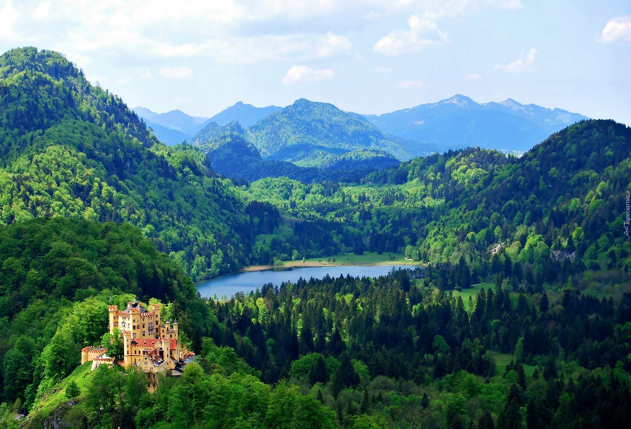 Góry, Lasy, Jezioro, Zamek, Hohenschwangau, Bawaria