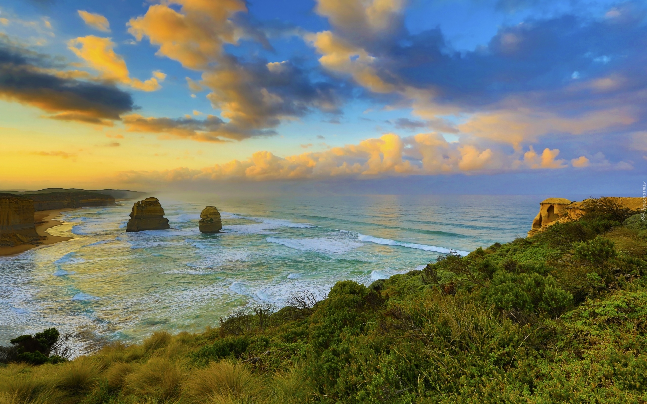 Kolumny wapienne, Dwunastu Apostołów, Morze, Świt, Australia, Park Narodowy Port Campbell