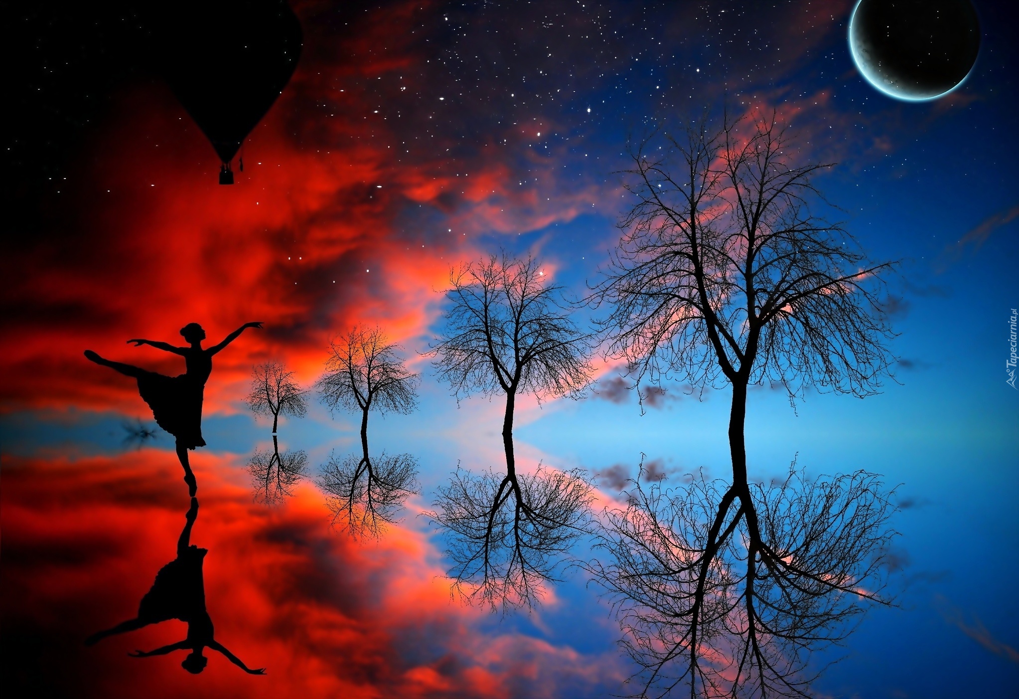 Kobieta, Taniec, Drzewa, Księżyc, Gwiazdy