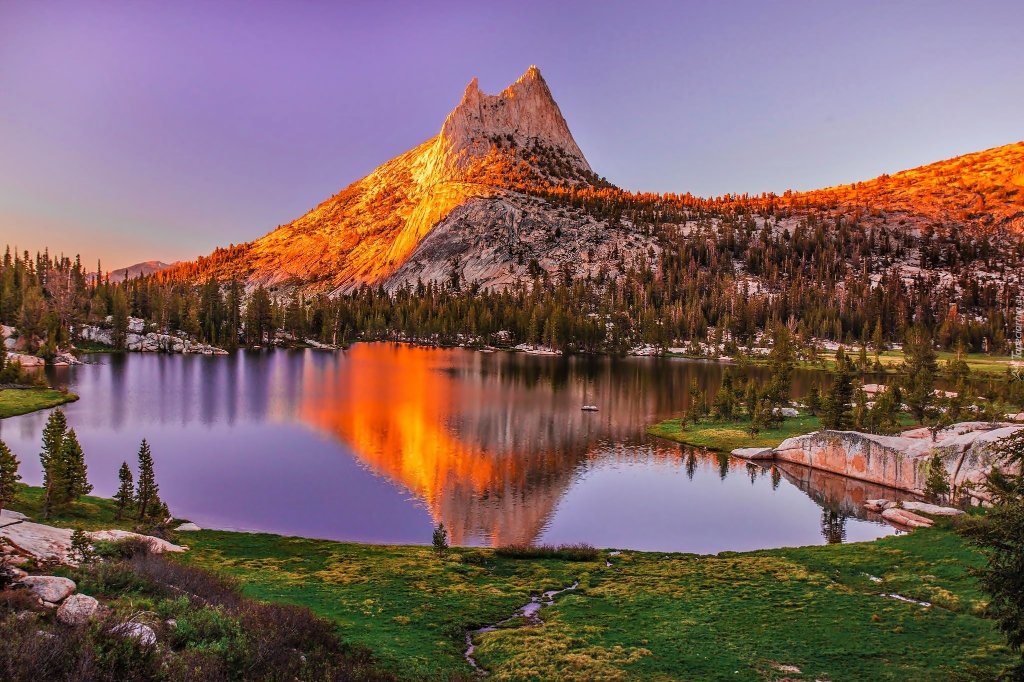 Stany Zjednoczone, Stan Kalifornia, Park Narodowy Yosemite, Góry, Drzewa, Świt, Chmury