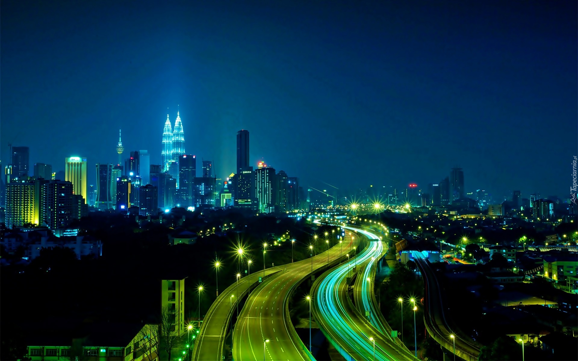 Drapacze Chmur, Petronas Towers, Nocna, Panorama, Kuala Lumpur