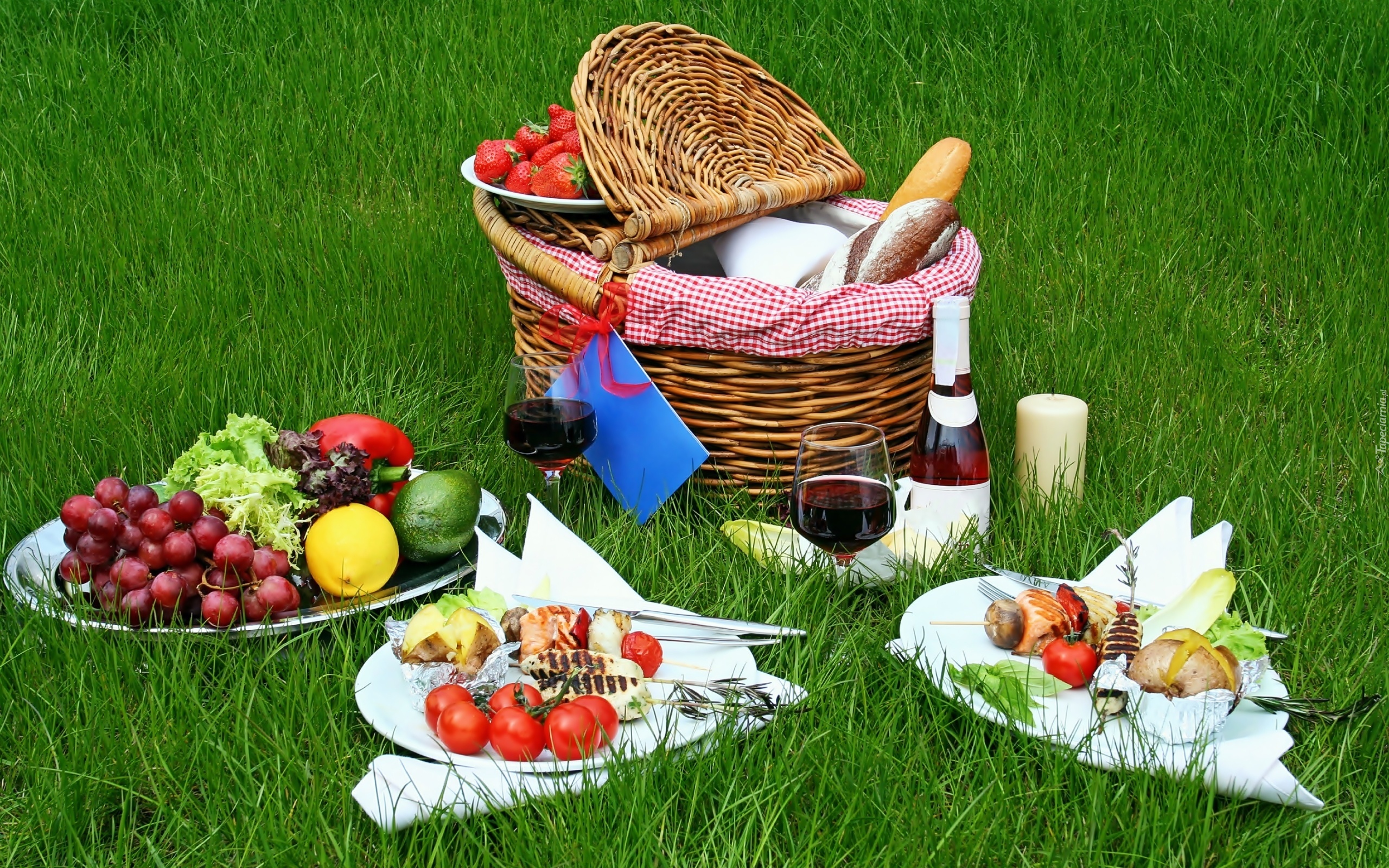 Koszyk, Łąka, Wino, Warzywa, Owoce, Piknik