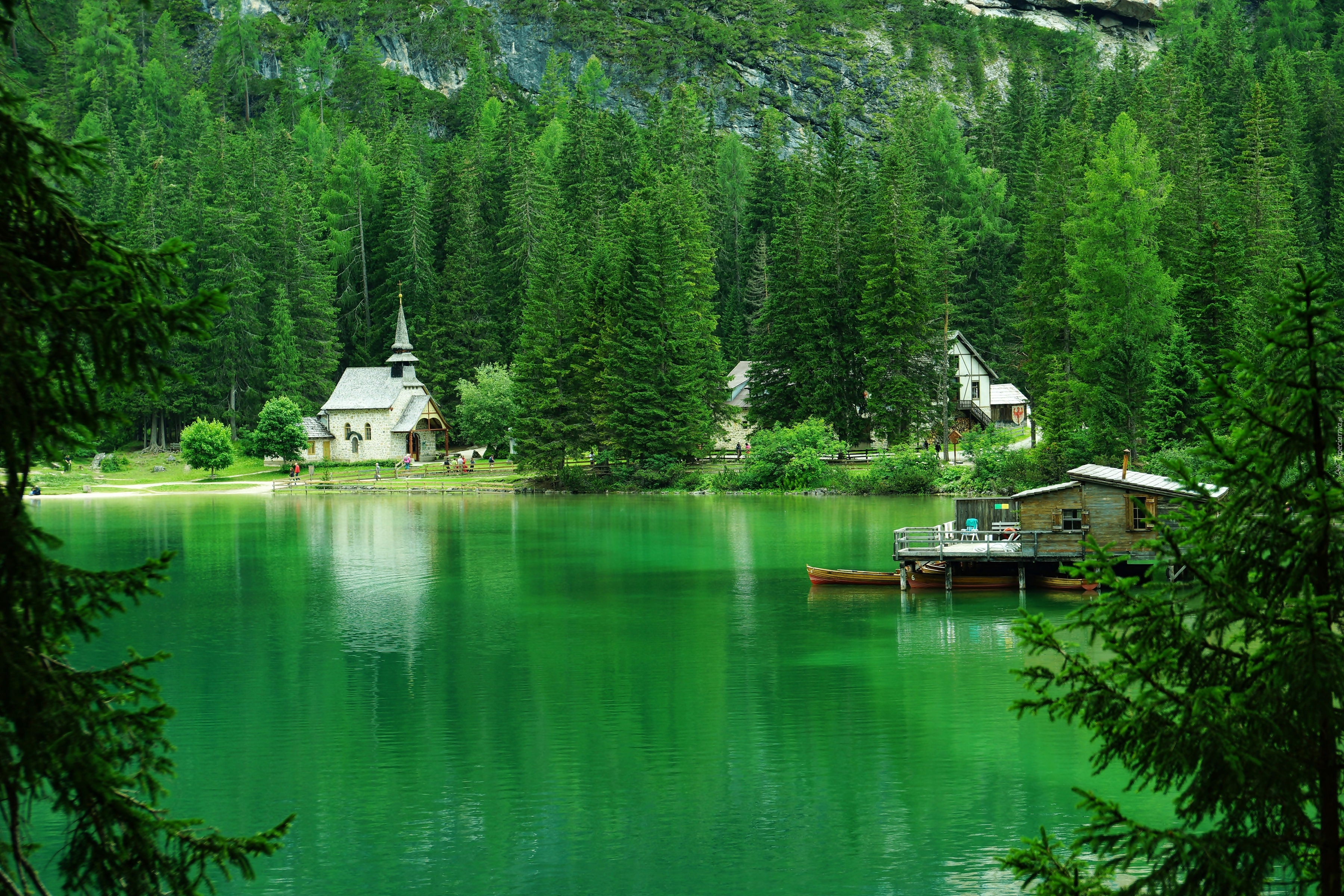 Jezioro, Kościółek, Góry, Lasy, Włochy