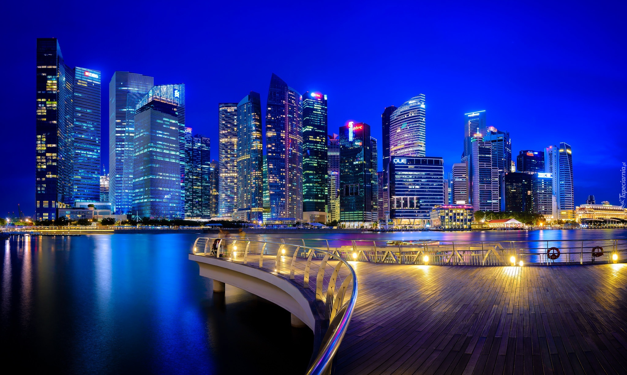 Singapur, Wieżowce, Pomost, Miasto Nocą